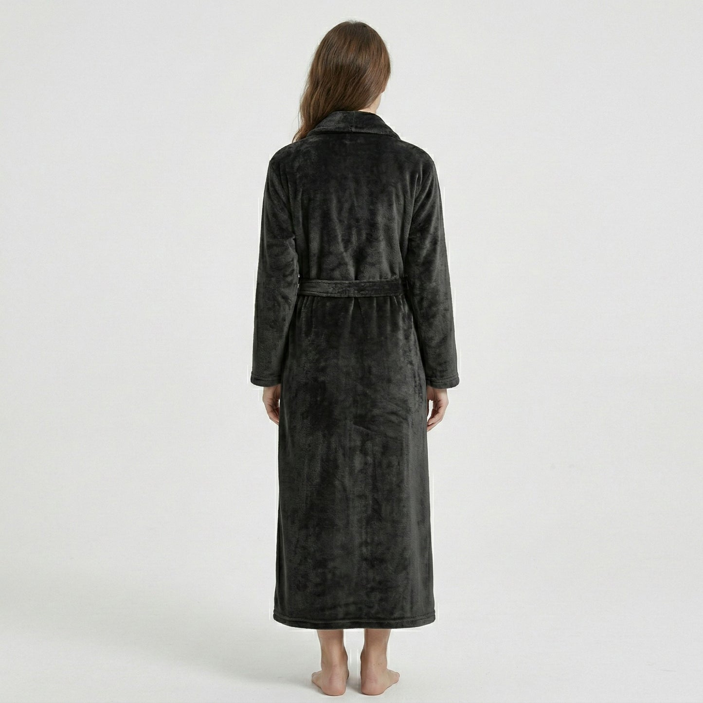 Plush Shawl Collar Long Bathrobe with Full Length Wrap Design Adjustable Waist Tie