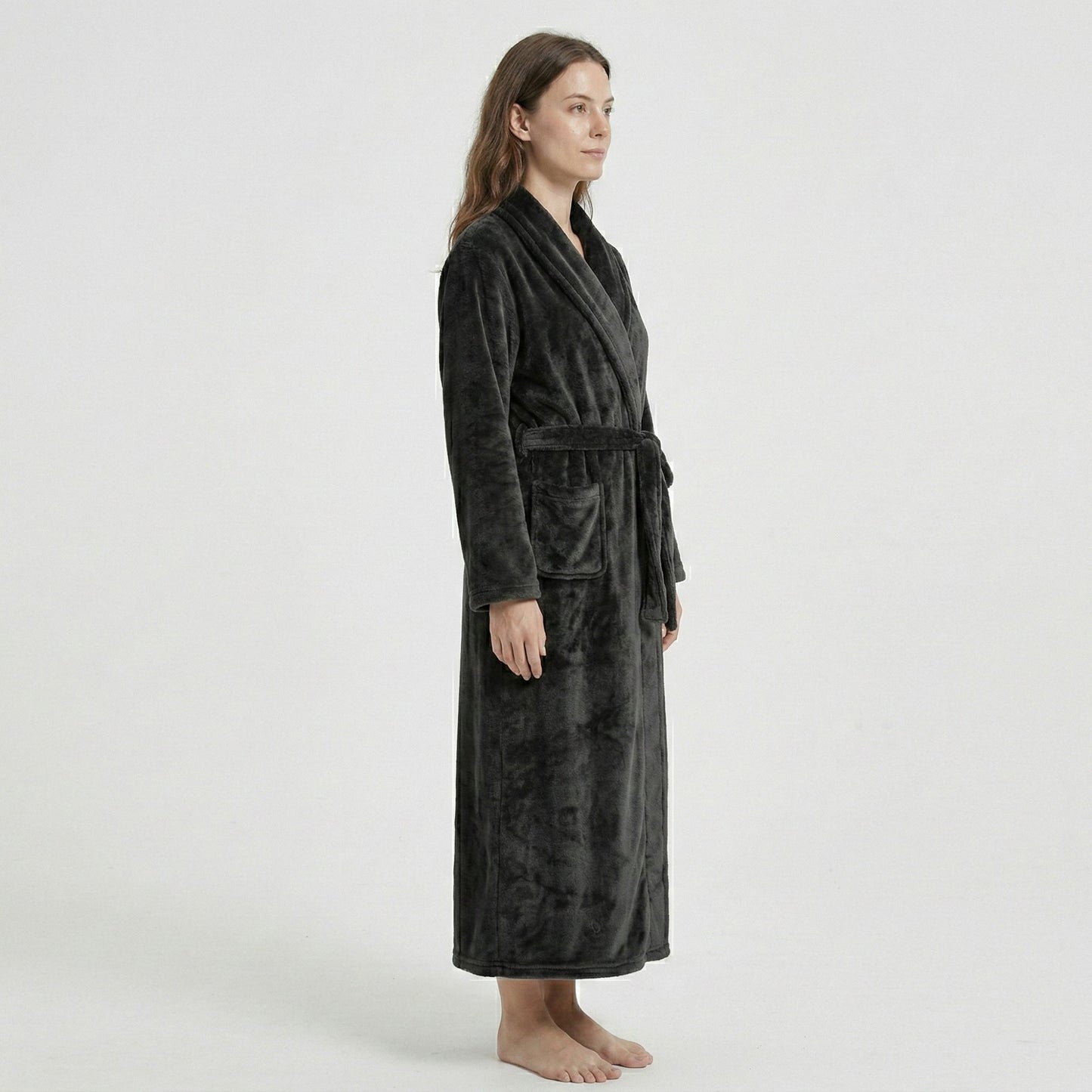 Plush Shawl Collar Long Bathrobe with Full Length Wrap Design Adjustable Waist Tie