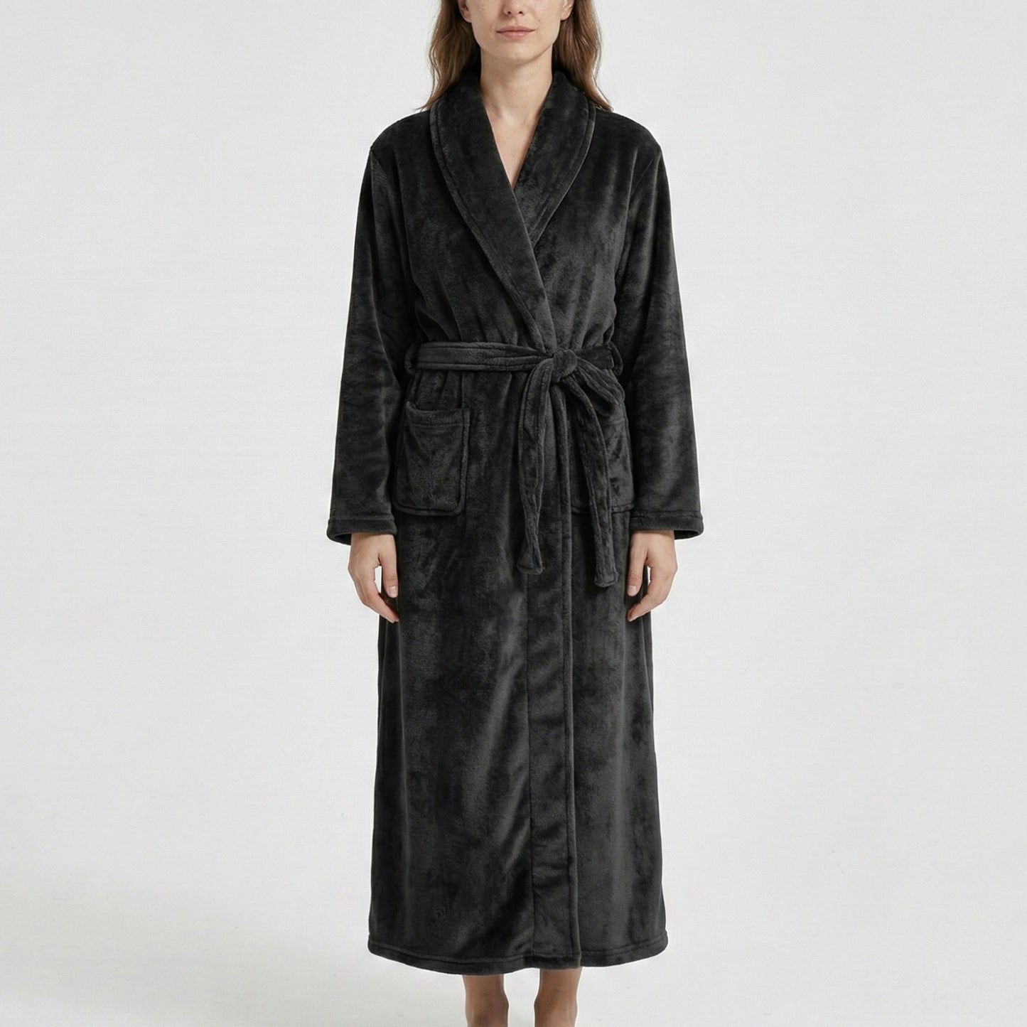 Plush Shawl Collar Long Bathrobe with Full Length Wrap Design Adjustable Waist Tie
