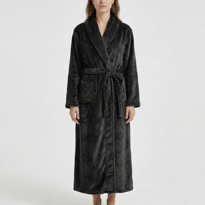 Plush Shawl Collar Long Bathrobe with Full Length Wrap Design Adjustable Waist Tie