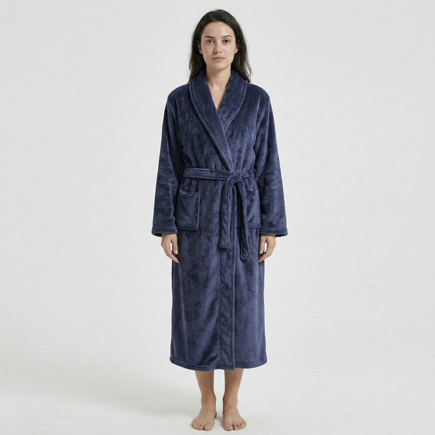 Plush Shawl Collar Long Bathrobe with Full Length Wrap Design Adjustable Waist Tie