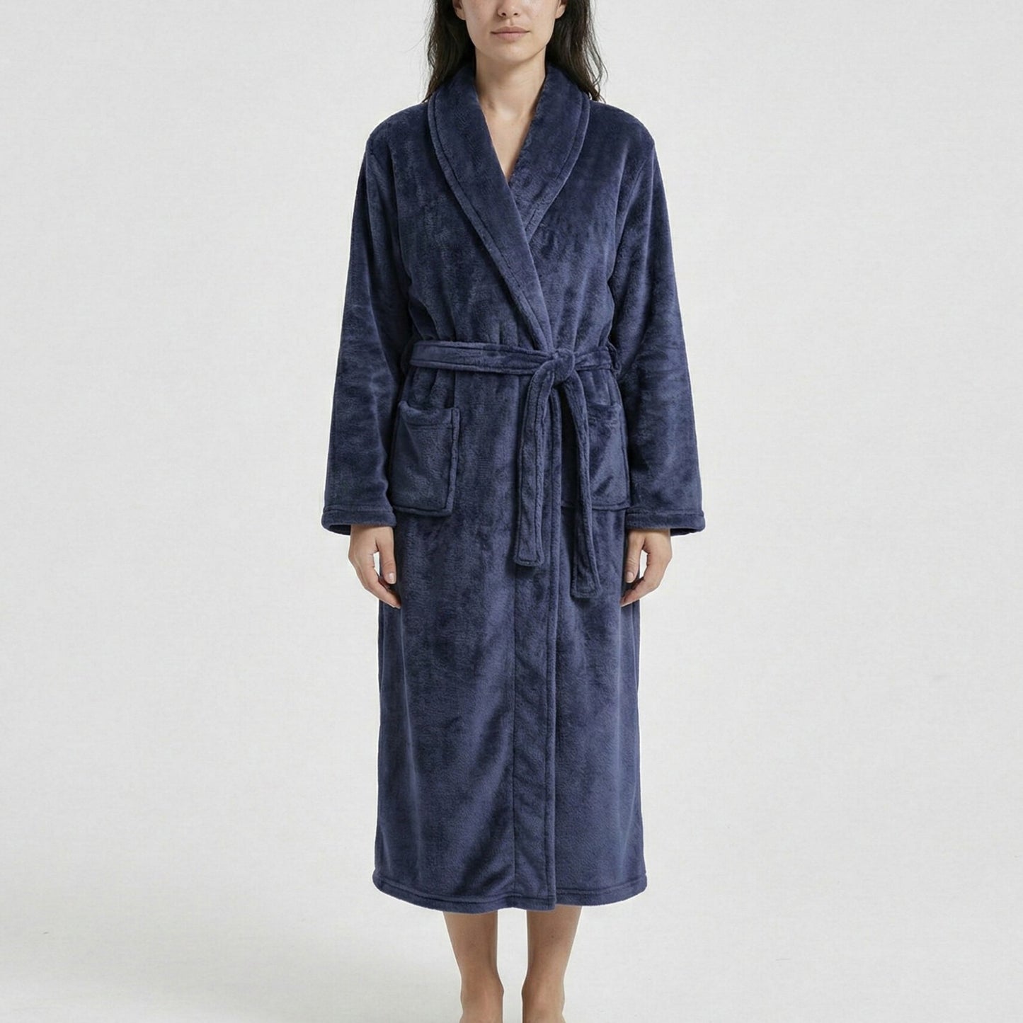 Plush Shawl Collar Long Bathrobe with Full Length Wrap Design Adjustable Waist Tie