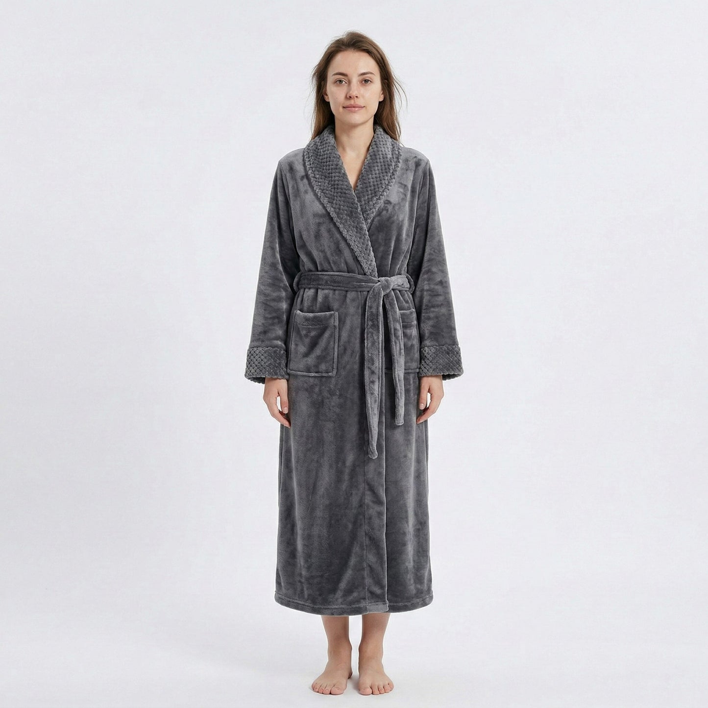 Plush Long Sleeve Shawl Collar Bathrobe with Waist Tie Belt and Front Patch Pockets