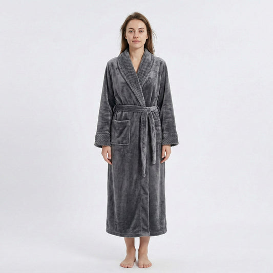 Plush Long Sleeve Shawl Collar Bathrobe with Waist Tie Belt and Front Patch Pockets