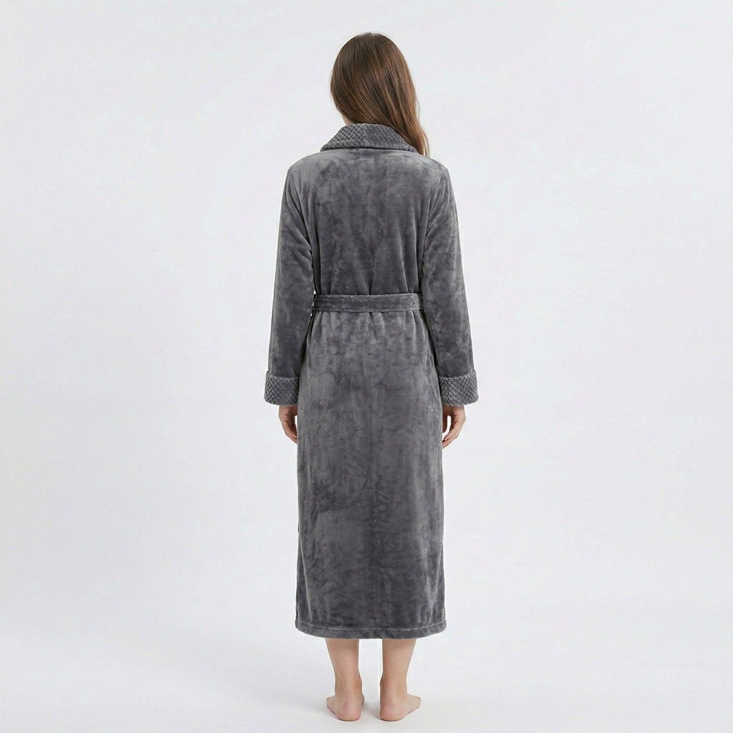 Plush Long Sleeve Shawl Collar Bathrobe with Waist Tie Belt and Front Patch Pockets