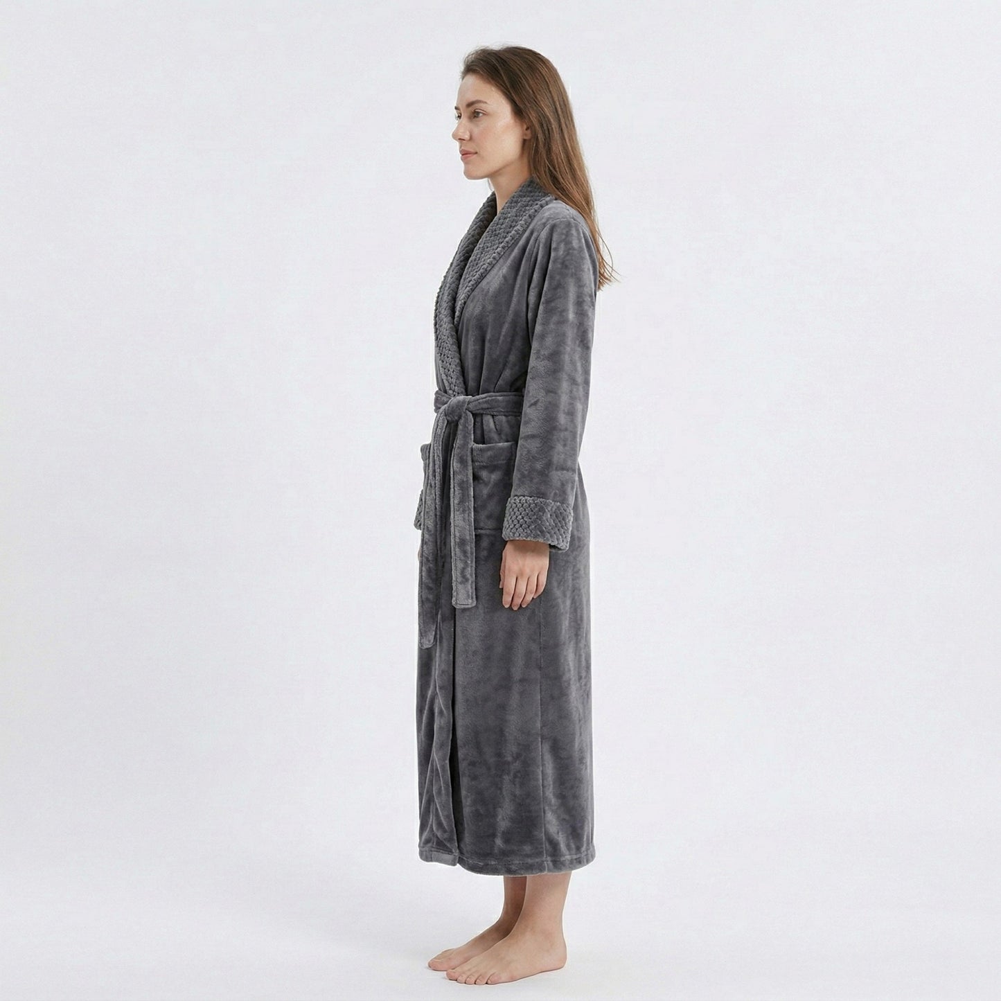 Plush Long Sleeve Shawl Collar Bathrobe with Waist Tie Belt and Front Patch Pockets