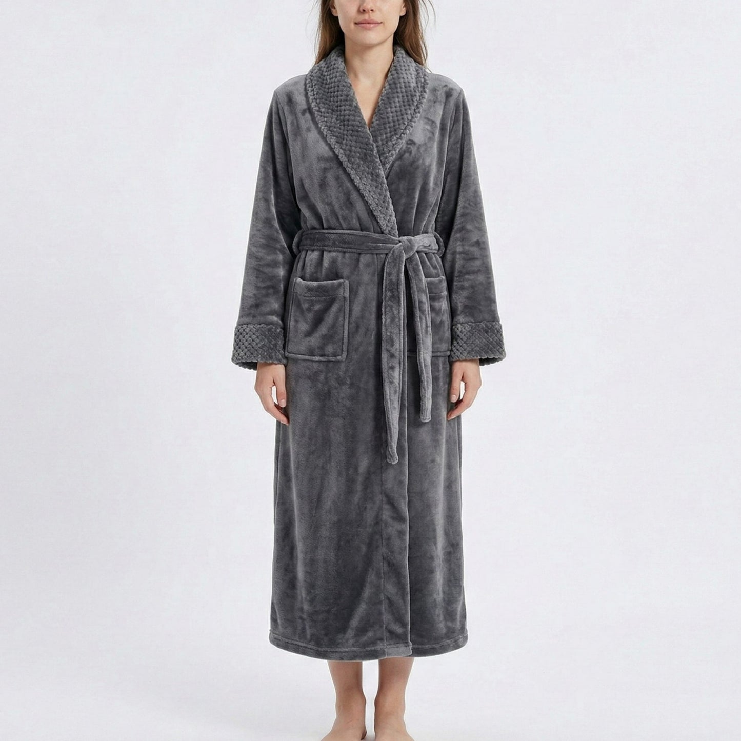 Plush Long Sleeve Shawl Collar Bathrobe with Waist Tie Belt and Front Patch Pockets