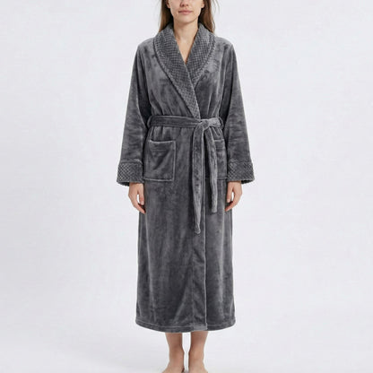 Plush Long Sleeve Shawl Collar Bathrobe with Waist Tie Belt and Front Patch Pockets