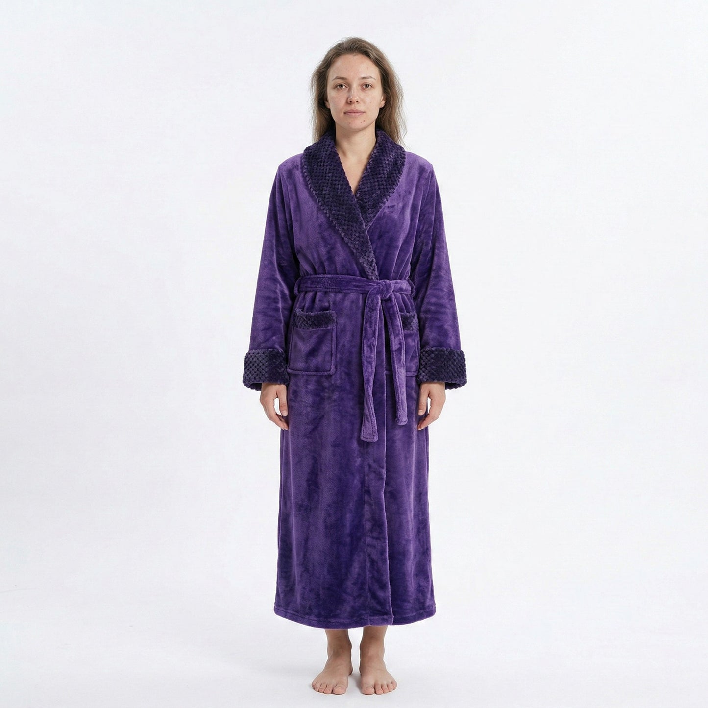 Plush Long Sleeve Shawl Collar Bathrobe with Waist Tie Belt and Front Patch Pockets