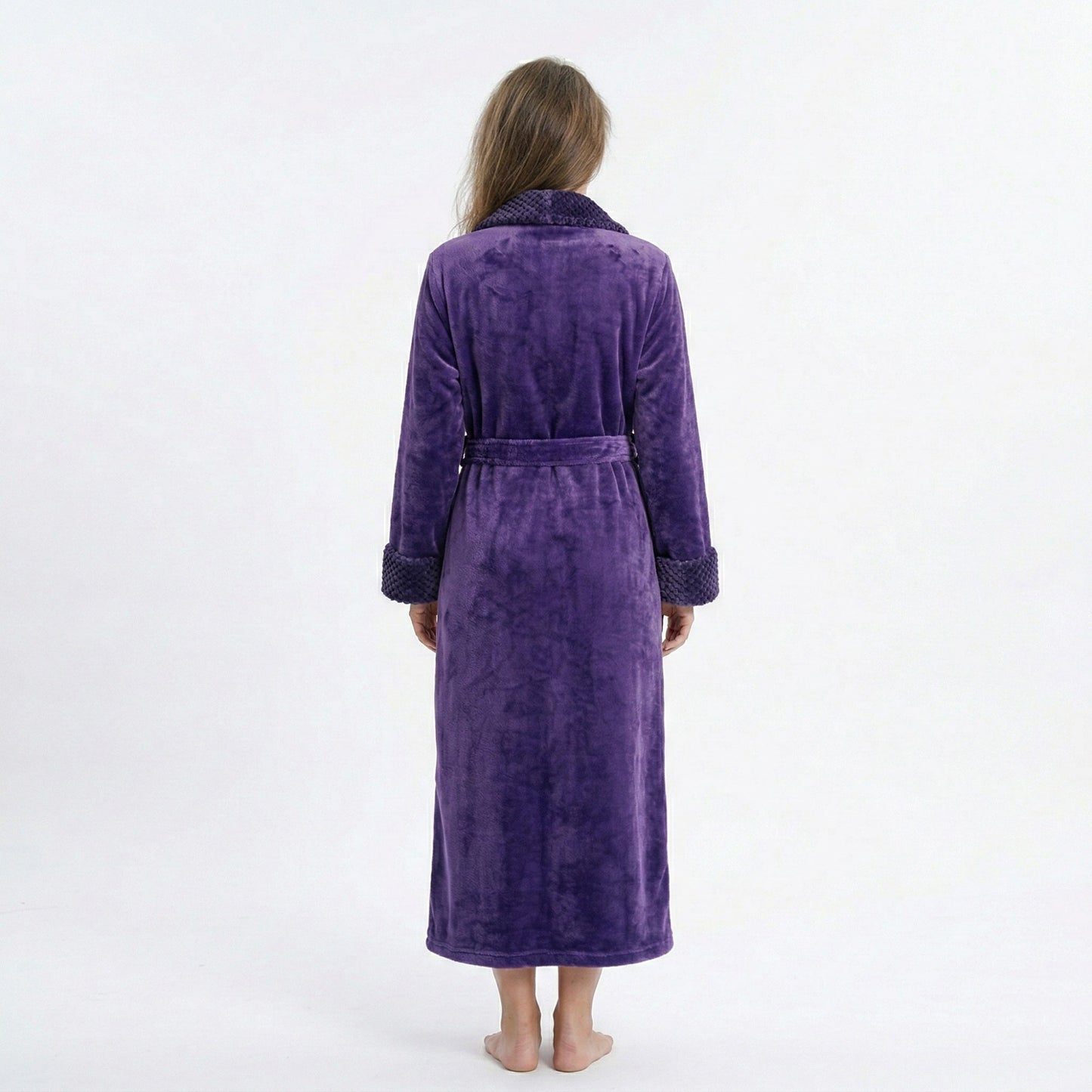 Plush Long Sleeve Shawl Collar Bathrobe with Waist Tie Belt and Front Patch Pockets
