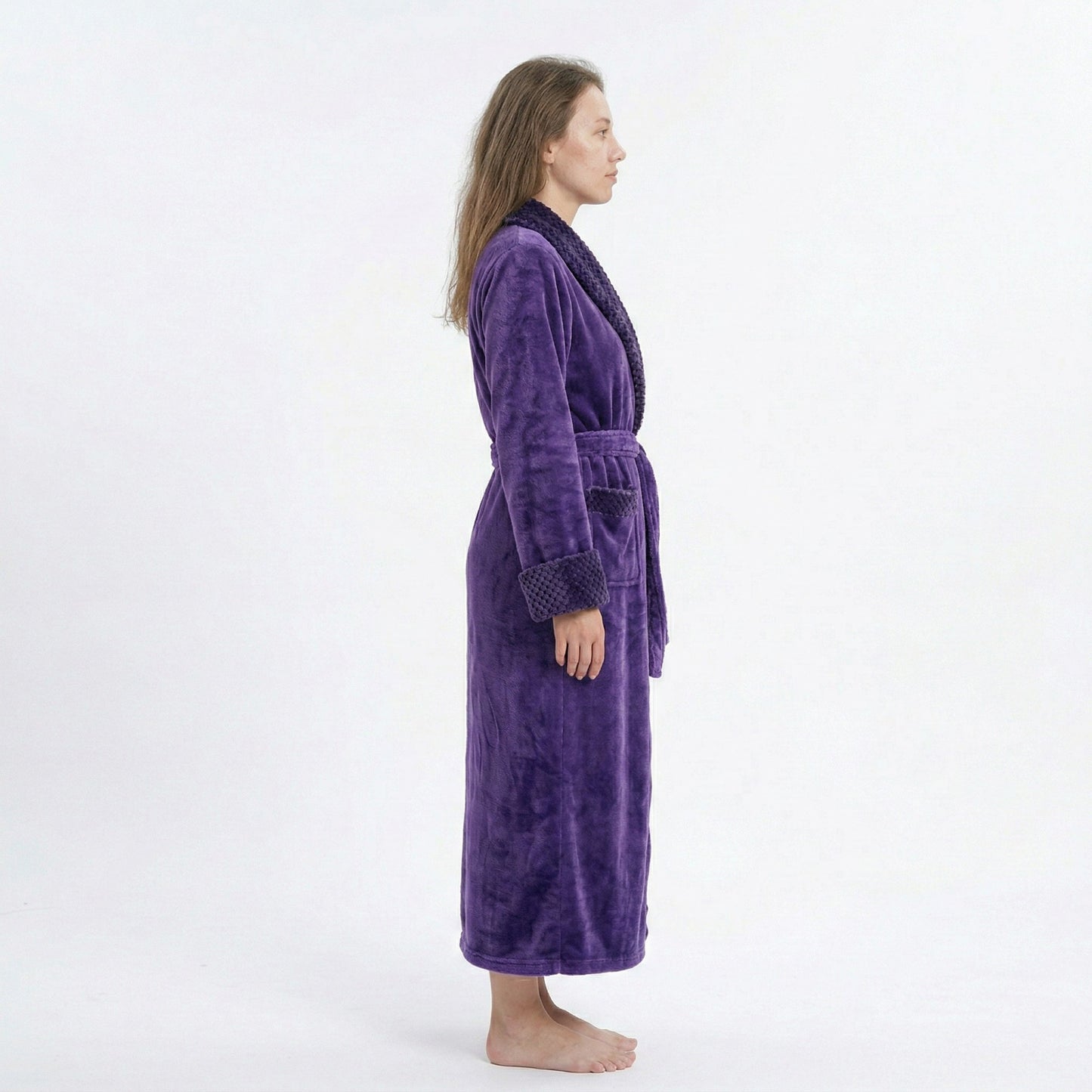 Plush Long Sleeve Shawl Collar Bathrobe with Waist Tie Belt and Front Patch Pockets
