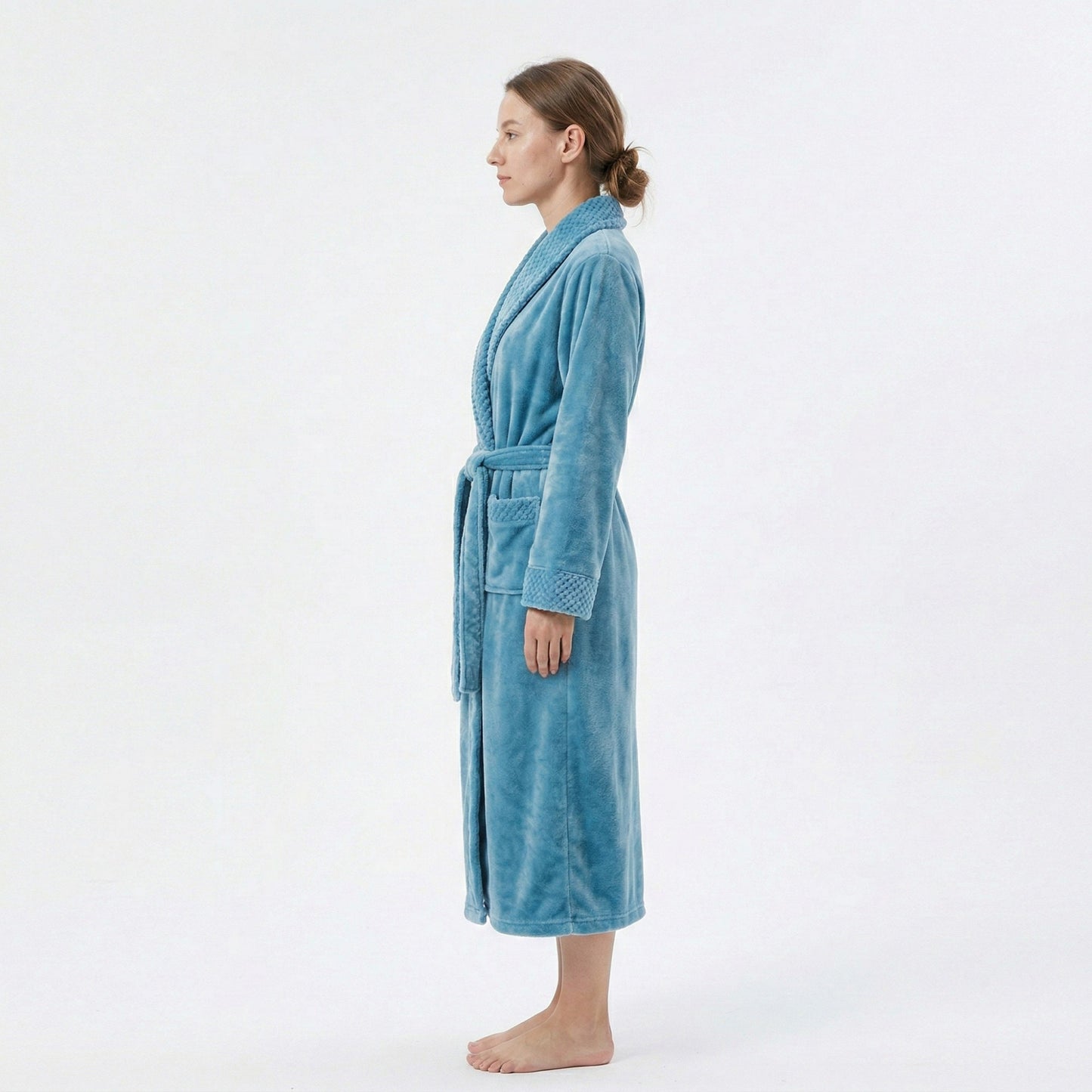 Plush Long Sleeve Shawl Collar Bathrobe with Waist Tie Belt and Front Patch Pockets