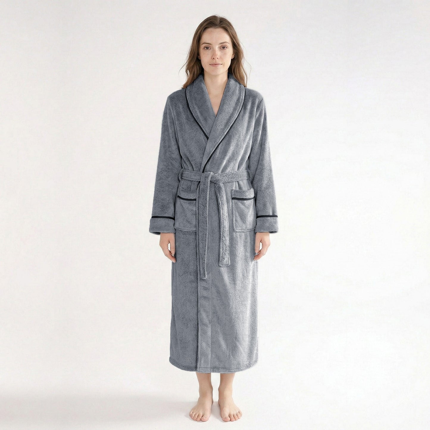 Plush Long Sleeve Shawl Collar Bathrobe with Contrast Trim and Adjustable Waist Tie Belt
