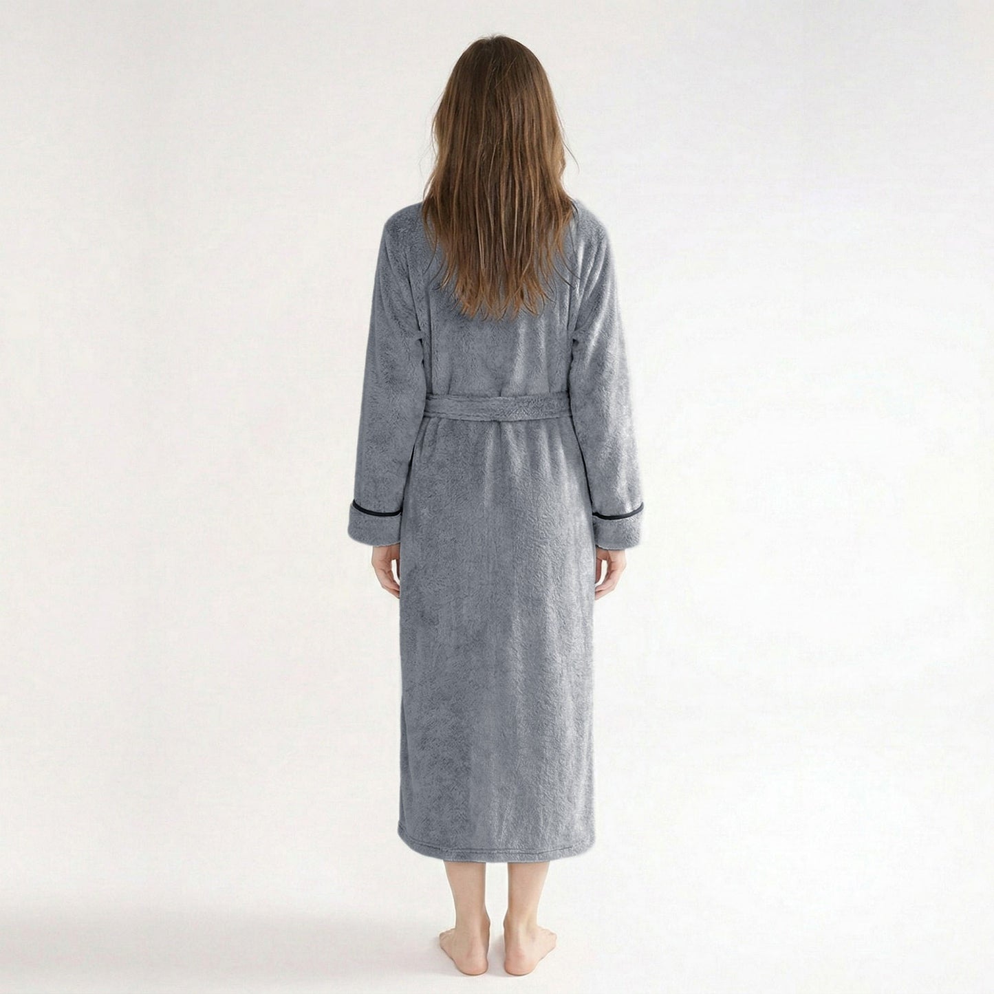 Plush Long Sleeve Shawl Collar Bathrobe with Contrast Trim and Adjustable Waist Tie Belt