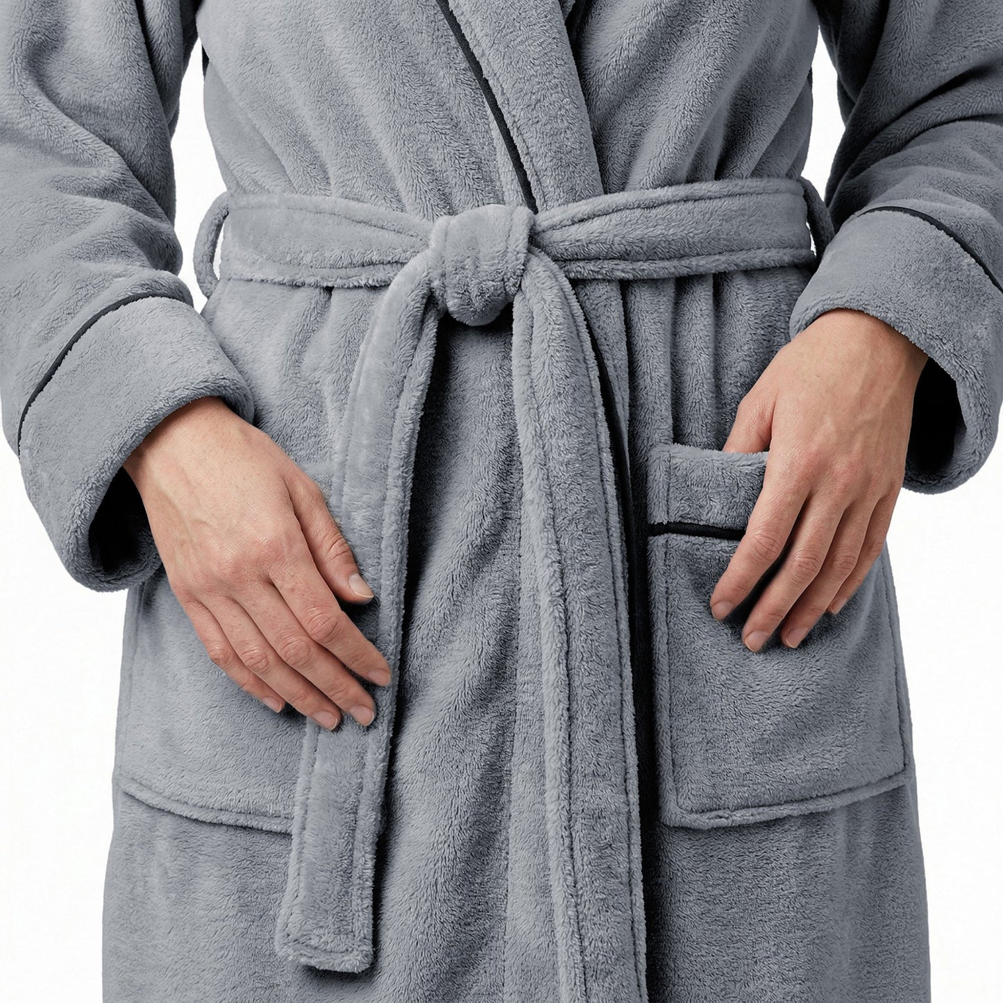 Plush Long Sleeve Shawl Collar Bathrobe with Contrast Trim and Adjustable Waist Tie Belt