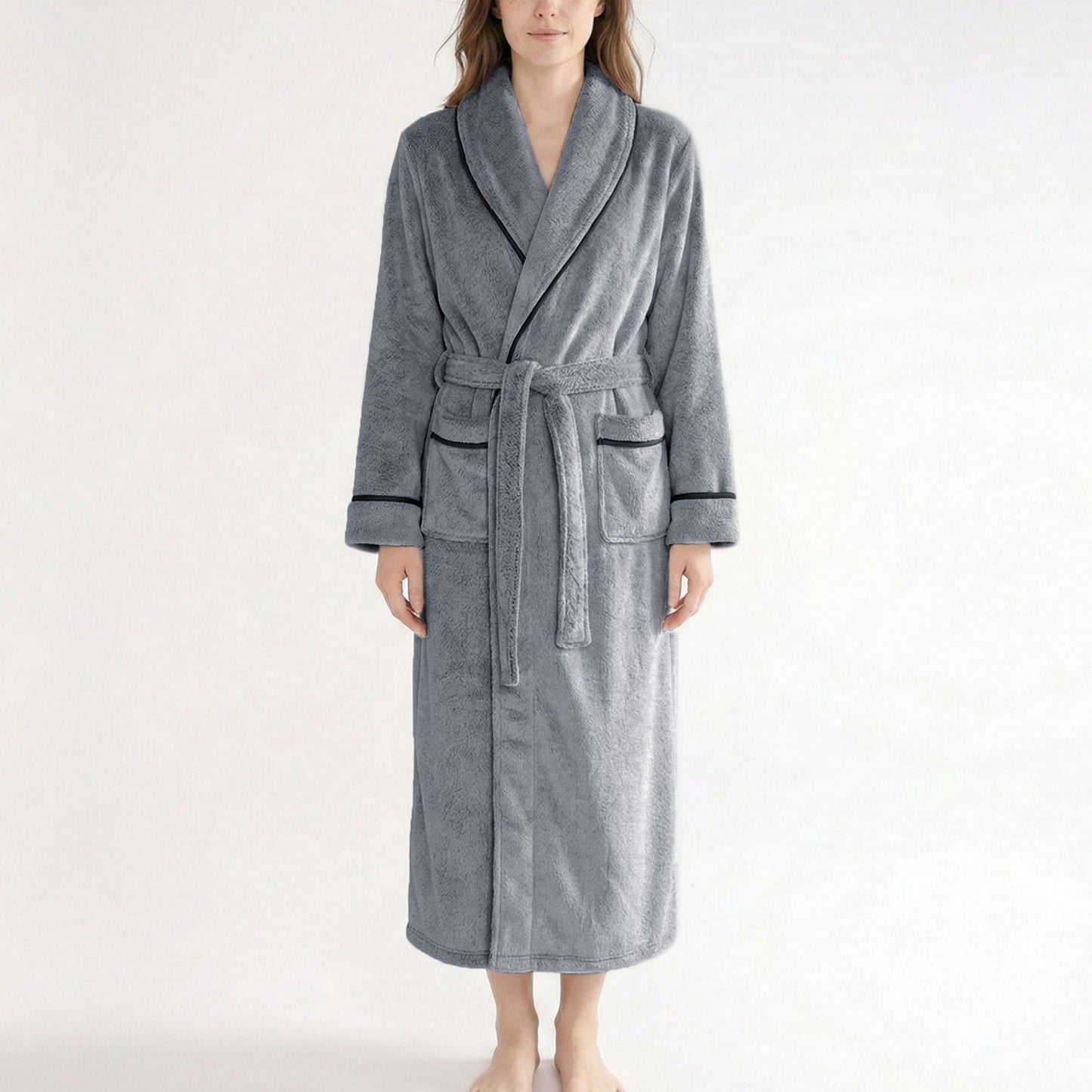 Plush Long Sleeve Shawl Collar Bathrobe with Contrast Trim and Adjustable Waist Tie Belt