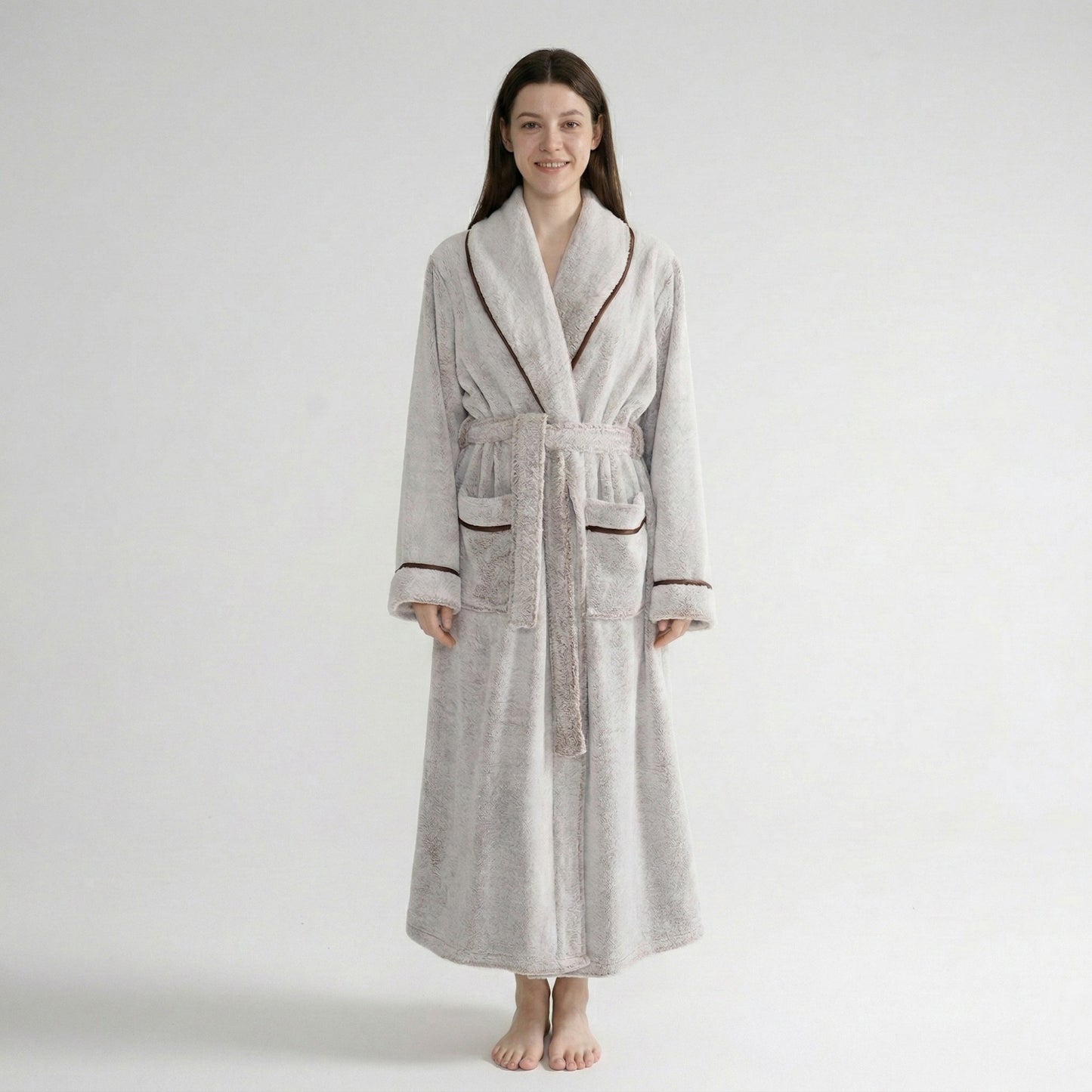 Plush Long Sleeve Shawl Collar Bathrobe with Contrast Trim and Adjustable Waist Tie Belt