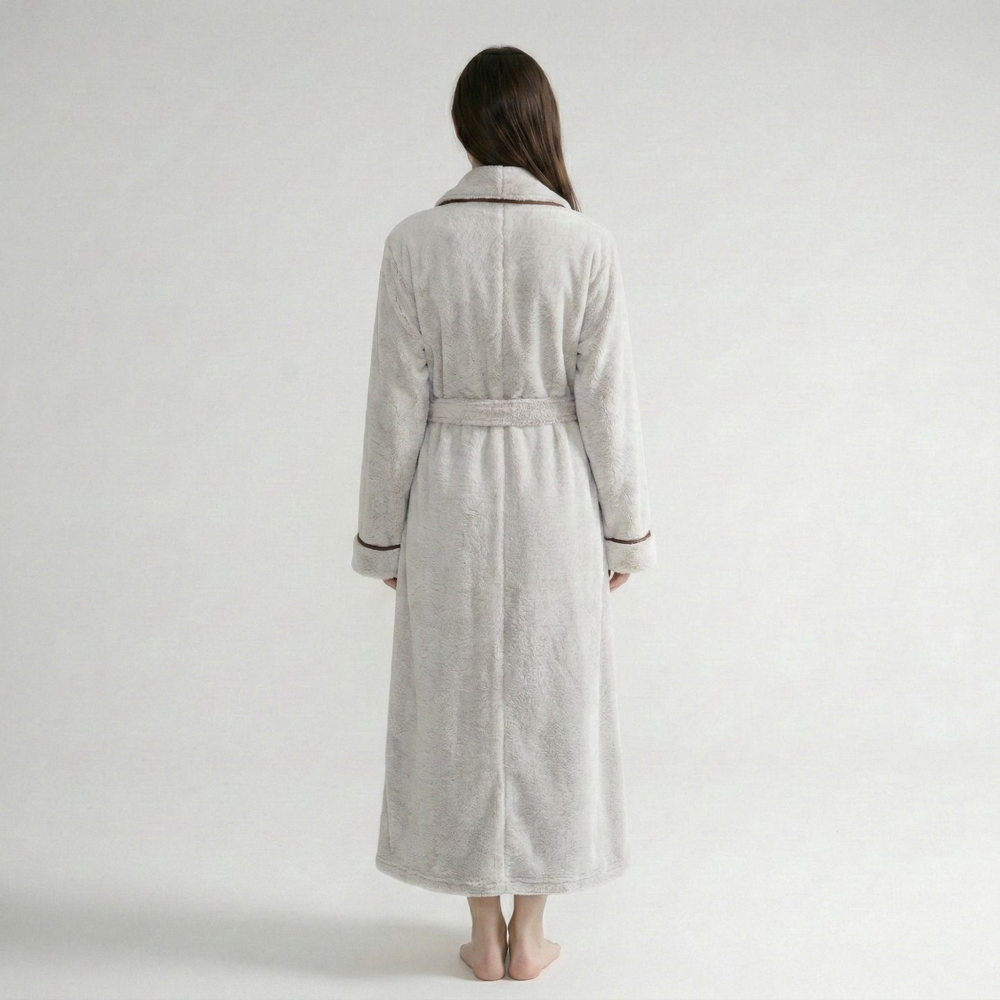 Plush Long Sleeve Shawl Collar Bathrobe with Contrast Trim and Adjustable Waist Tie Belt