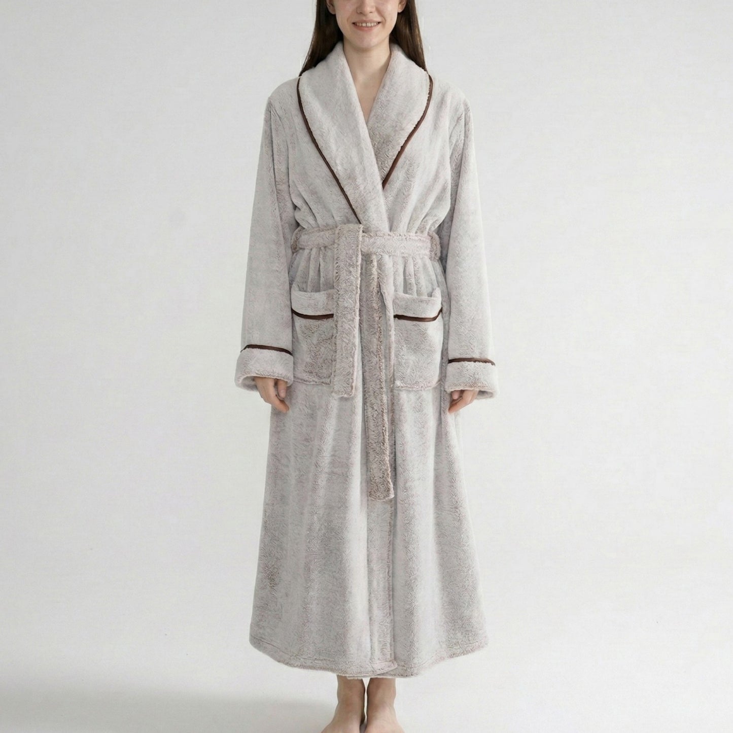 Plush Long Sleeve Shawl Collar Bathrobe with Contrast Trim and Adjustable Waist Tie Belt