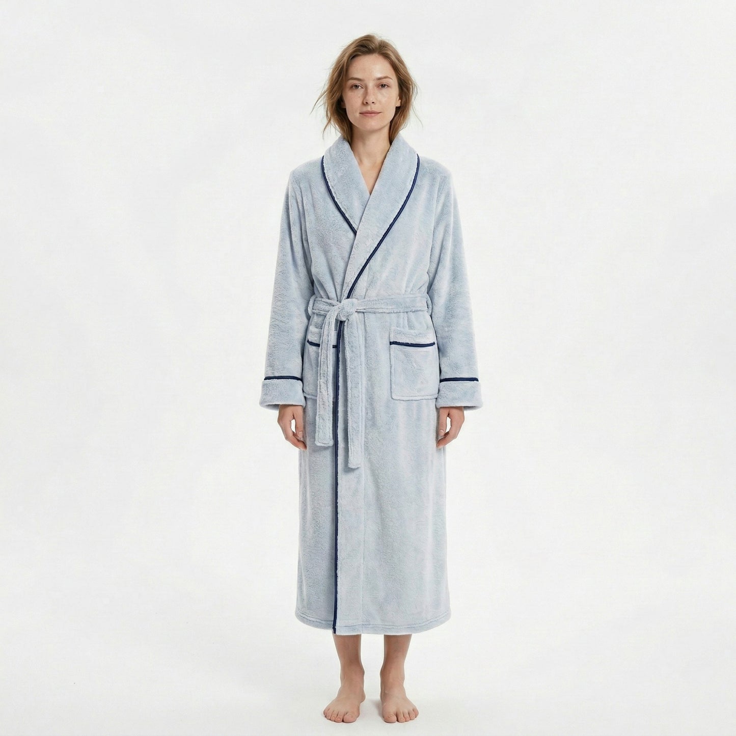 Plush Long Sleeve Shawl Collar Bathrobe with Contrast Trim and Adjustable Waist Tie Belt