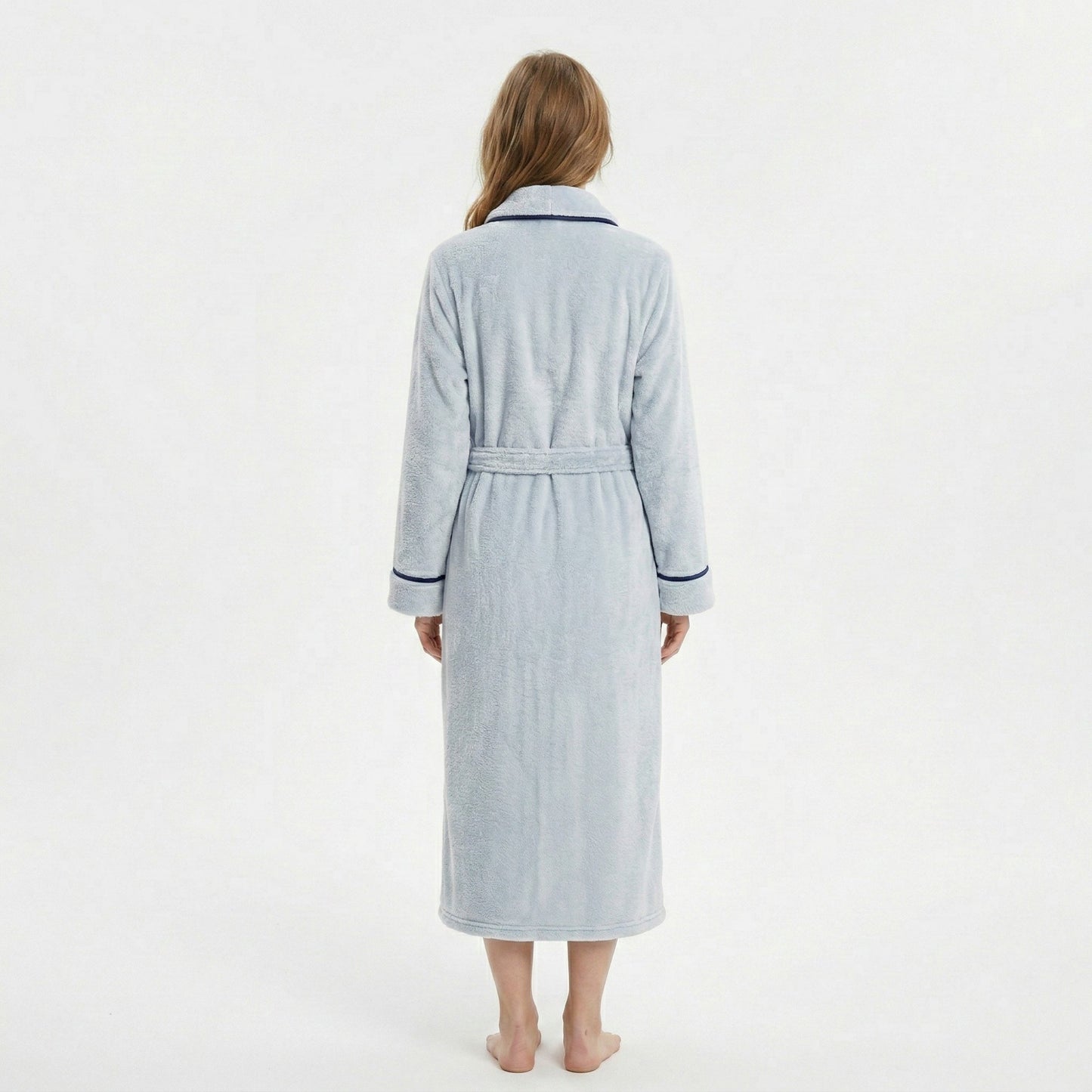 Plush Long Sleeve Shawl Collar Bathrobe with Contrast Trim and Adjustable Waist Tie Belt
