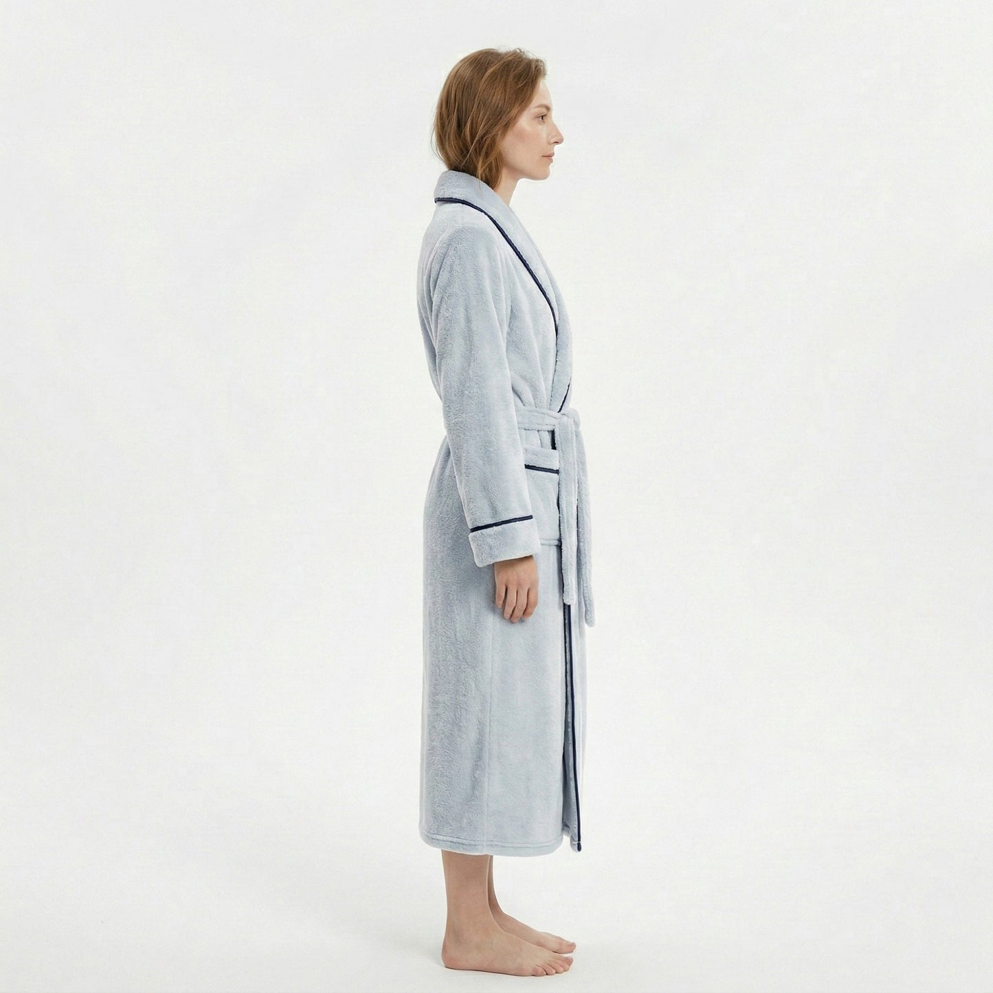 Plush Long Sleeve Shawl Collar Bathrobe with Contrast Trim and Adjustable Waist Tie Belt