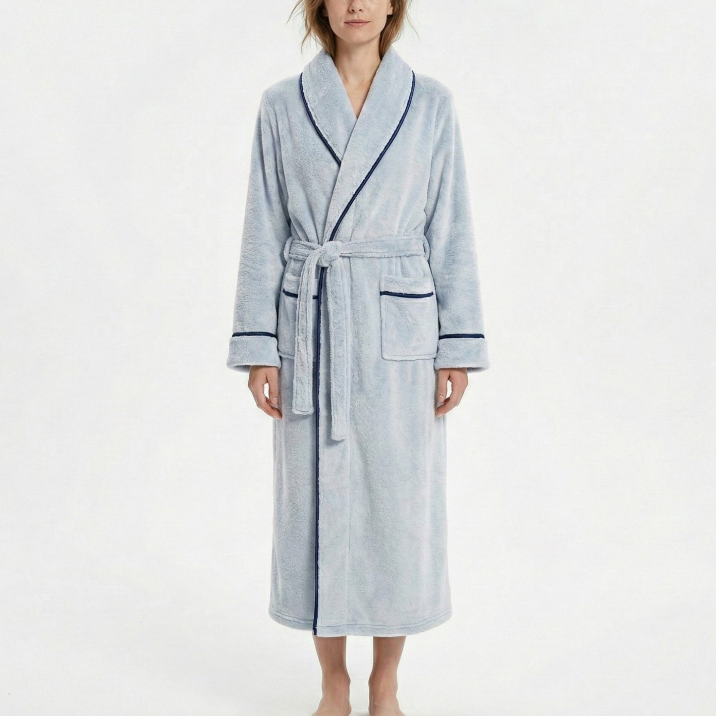 Plush Long Sleeve Shawl Collar Bathrobe with Contrast Trim and Adjustable Waist Tie Belt