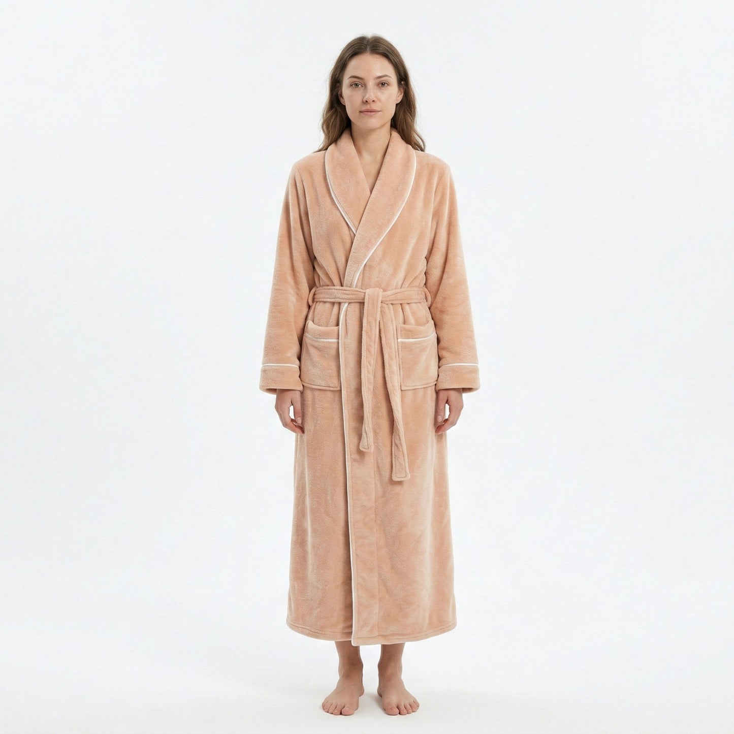 Plush Long Sleeve Wrap Bathrobe with Waist Tie Belt and Front Patch Pockets
