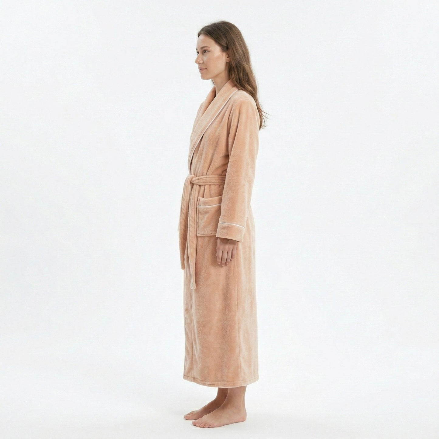 Plush Long Sleeve Wrap Bathrobe with Waist Tie Belt and Front Patch Pockets