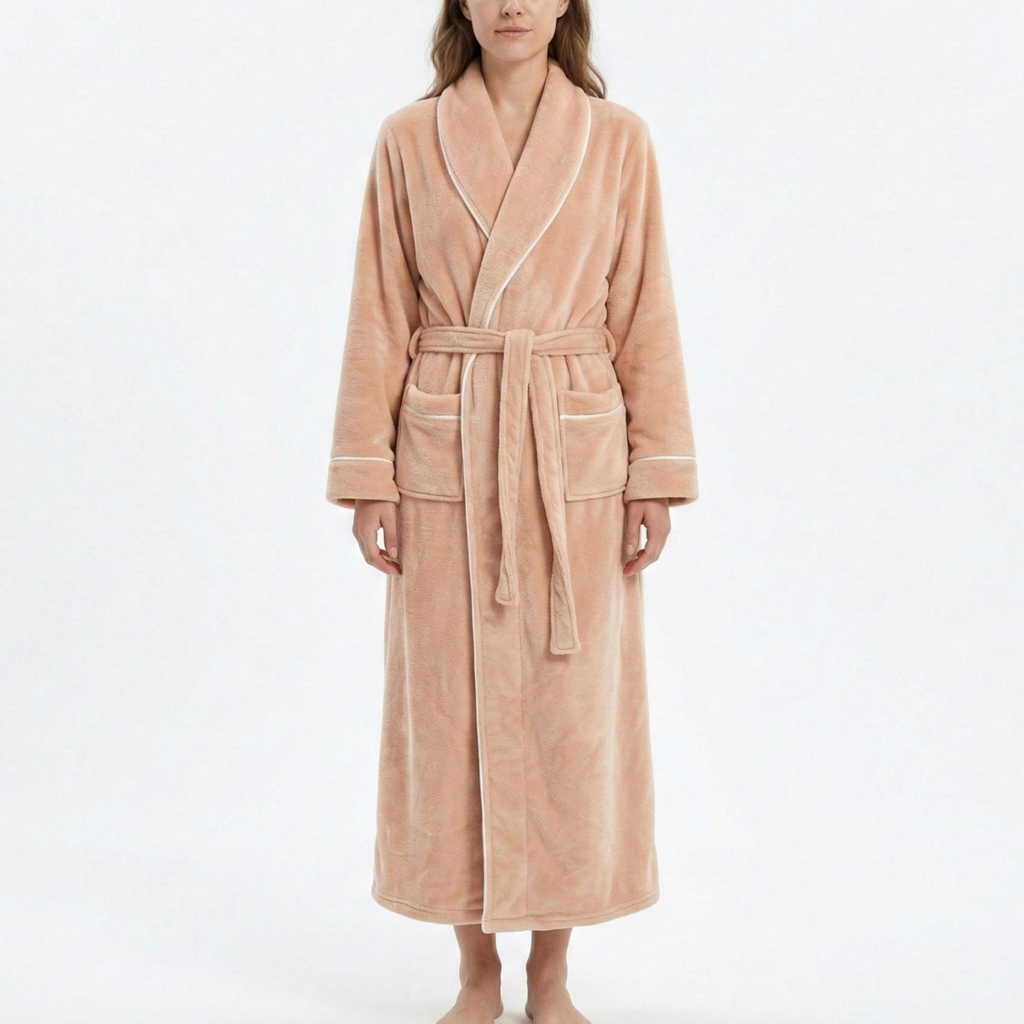 Plush Long Sleeve Wrap Bathrobe with Waist Tie Belt and Front Patch Pockets