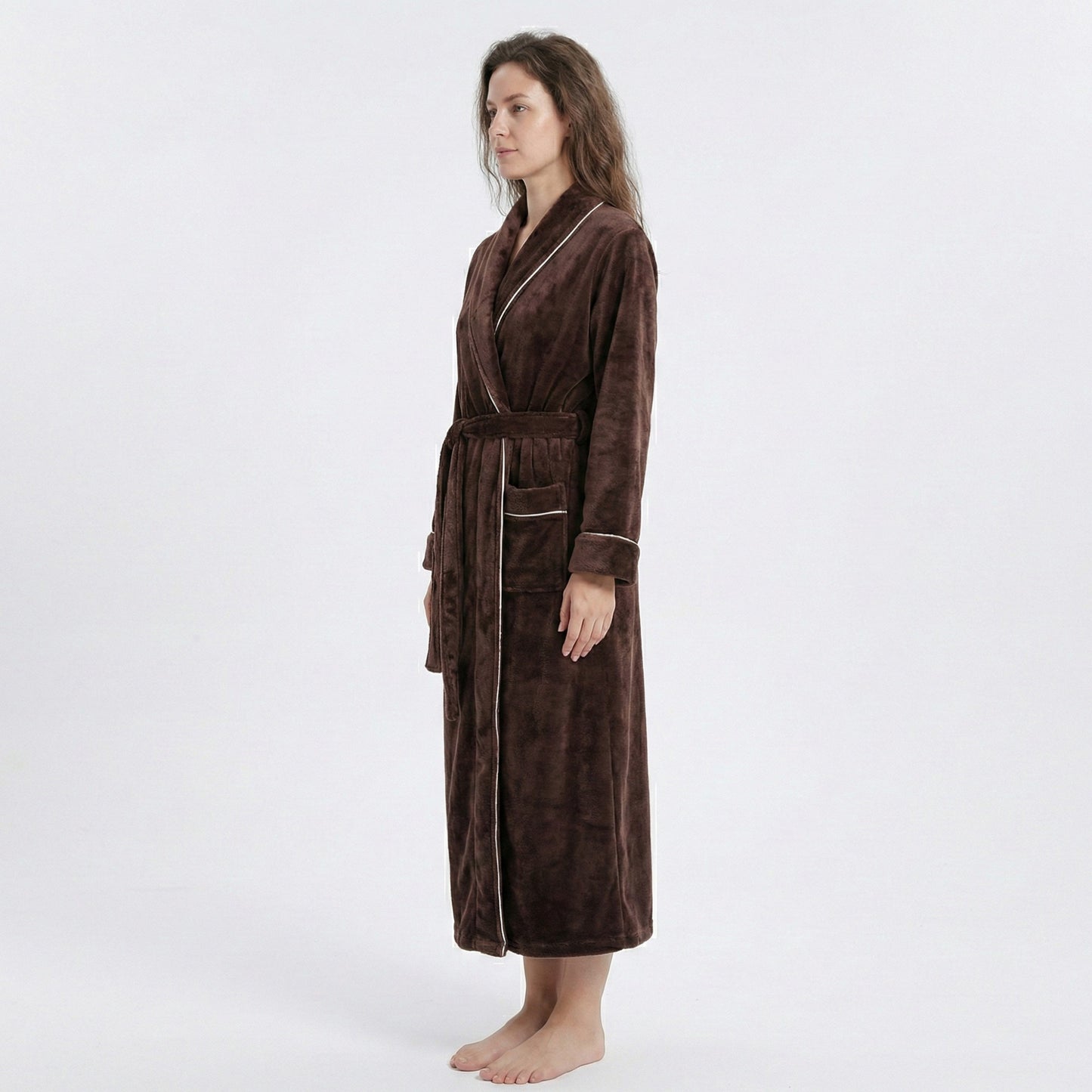 Plush Long Sleeve Wrap Bathrobe with Waist Tie Belt and Front Patch Pockets