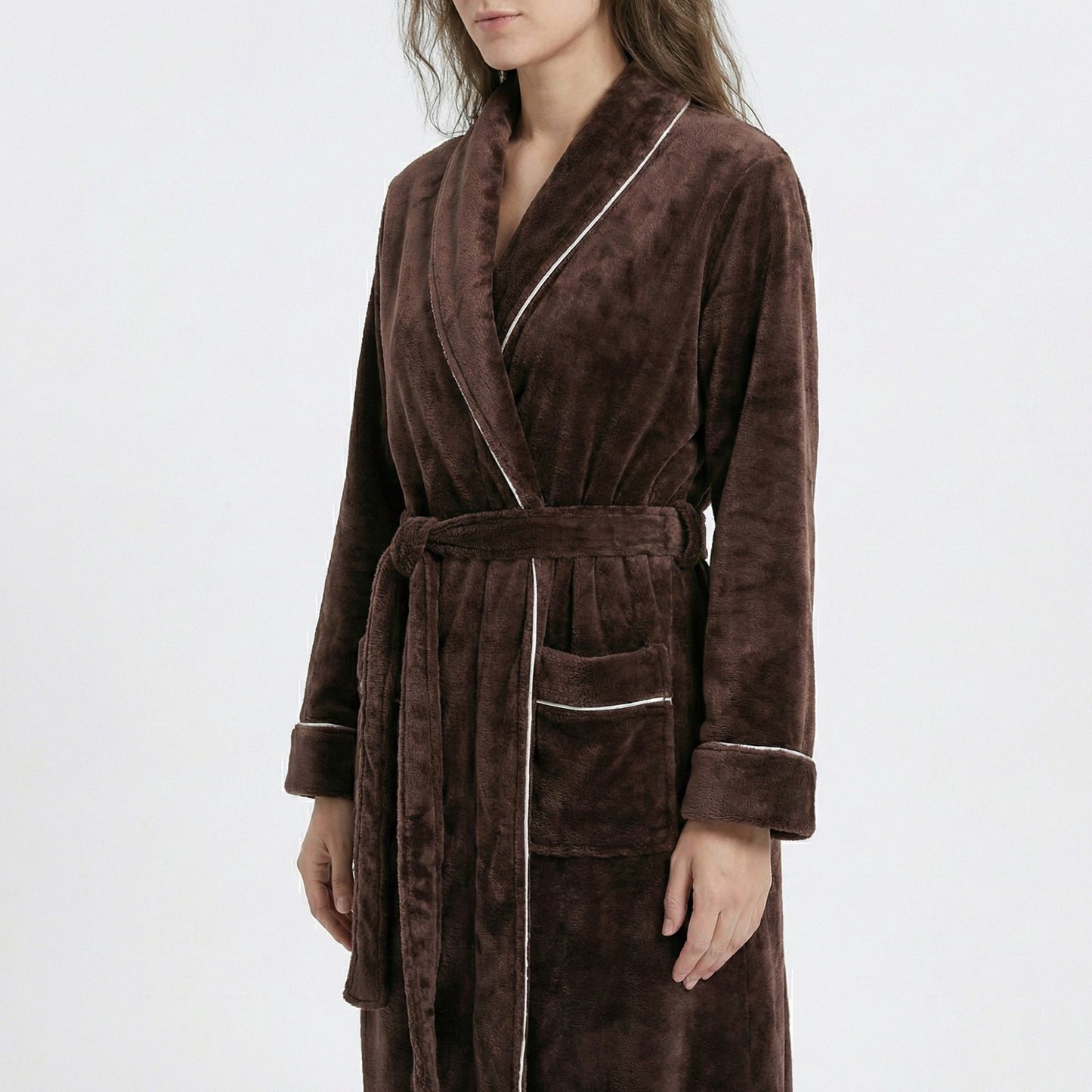 Plush Long Sleeve Wrap Bathrobe with Waist Tie Belt and Front Patch Pockets