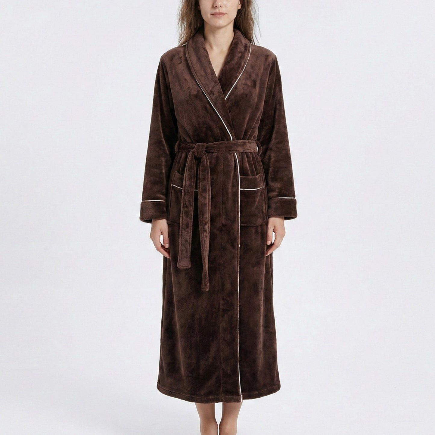 Plush Long Sleeve Wrap Bathrobe with Waist Tie Belt and Front Patch Pockets
