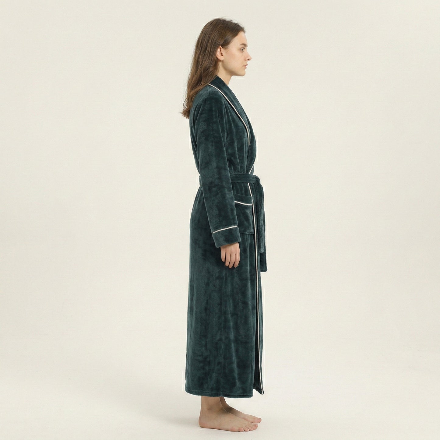 Plush Long Sleeve Wrap Bathrobe with Waist Tie Belt and Front Patch Pockets