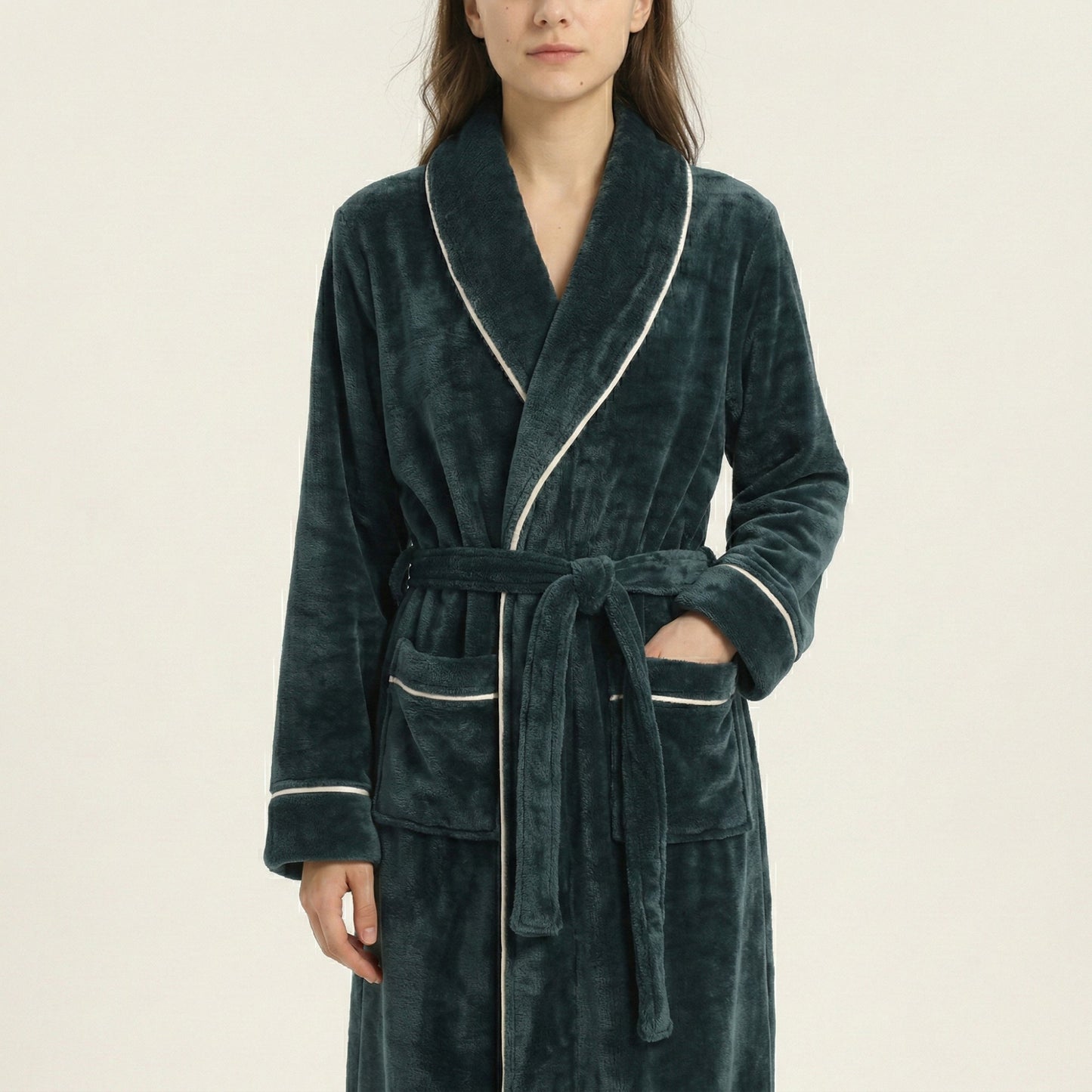 Plush Long Sleeve Wrap Bathrobe with Waist Tie Belt and Front Patch Pockets