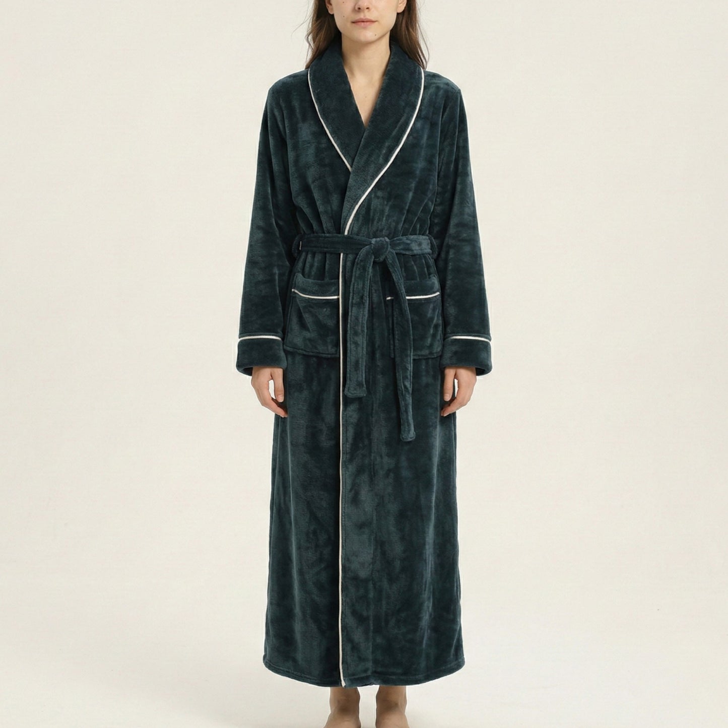 Plush Long Sleeve Wrap Bathrobe with Waist Tie Belt and Front Patch Pockets