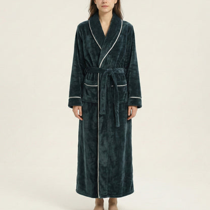 Plush Long Sleeve Wrap Bathrobe with Waist Tie Belt and Front Patch Pockets