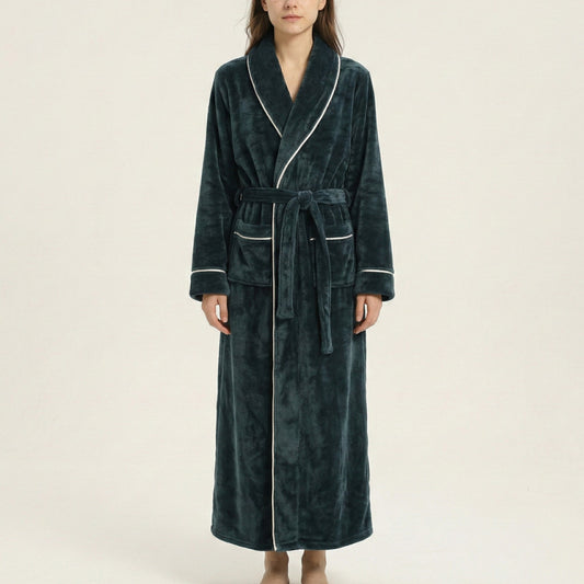 Plush Long Sleeve Wrap Bathrobe with Waist Tie Belt and Front Patch Pockets