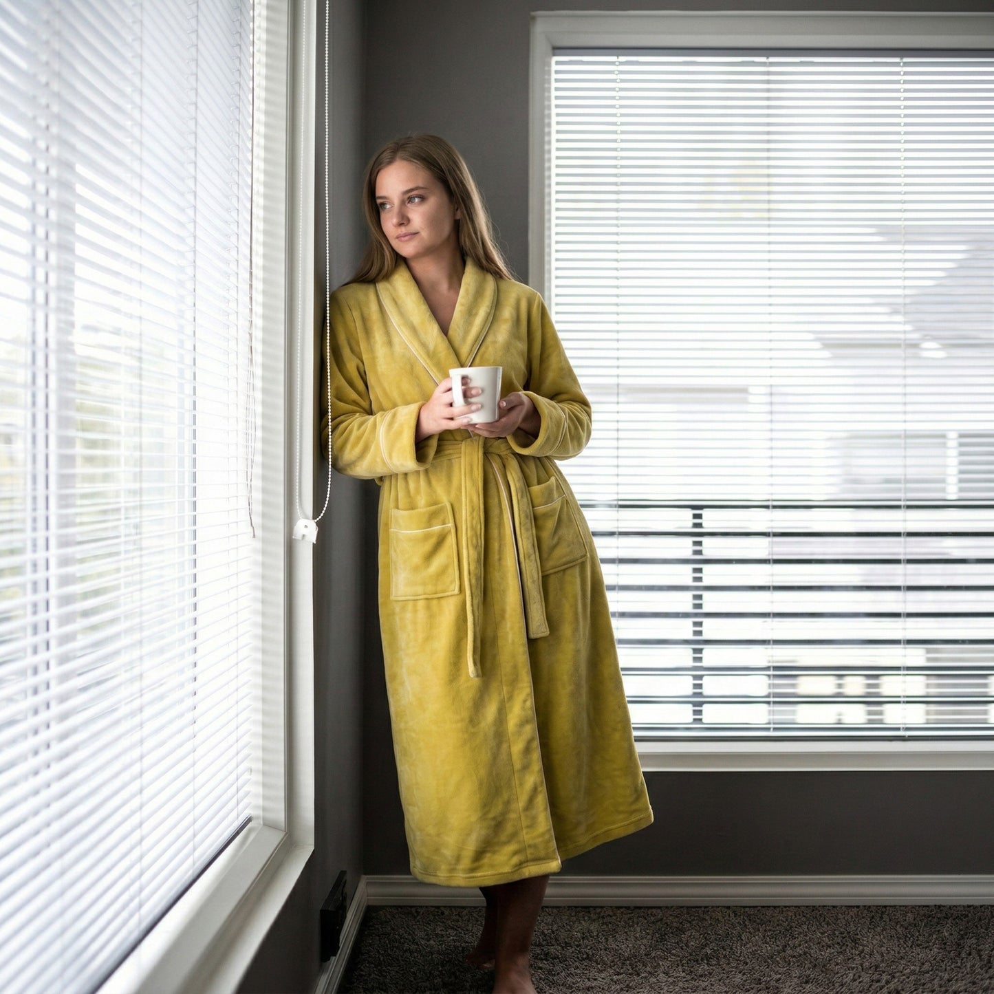 Plush Long Sleeve Wrap Bathrobe with Waist Tie Belt and Front Patch Pockets