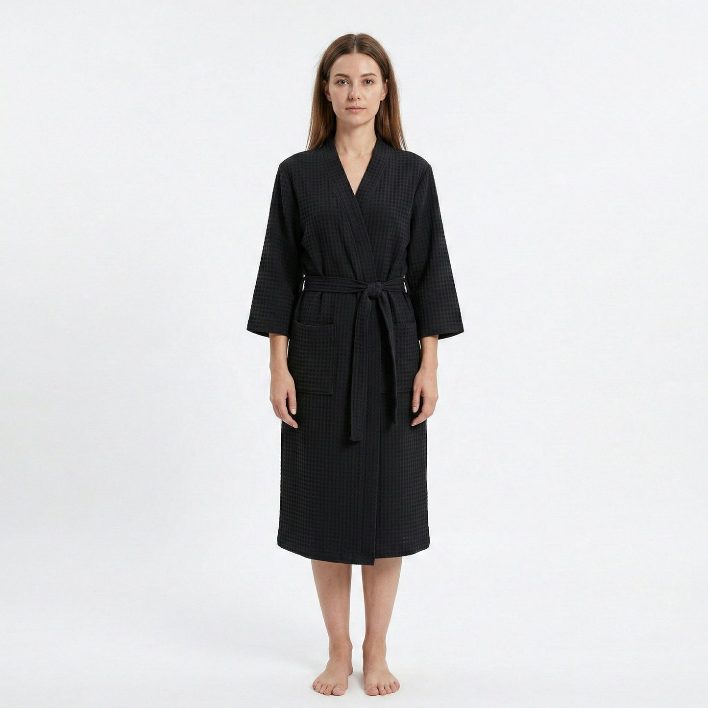 Textured Knit Wrap Bathrobe with Three Quarter Sleeves Adjustable Waist Tie