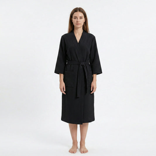 Textured Knit Wrap Bathrobe with Three Quarter Sleeves Adjustable Waist Tie