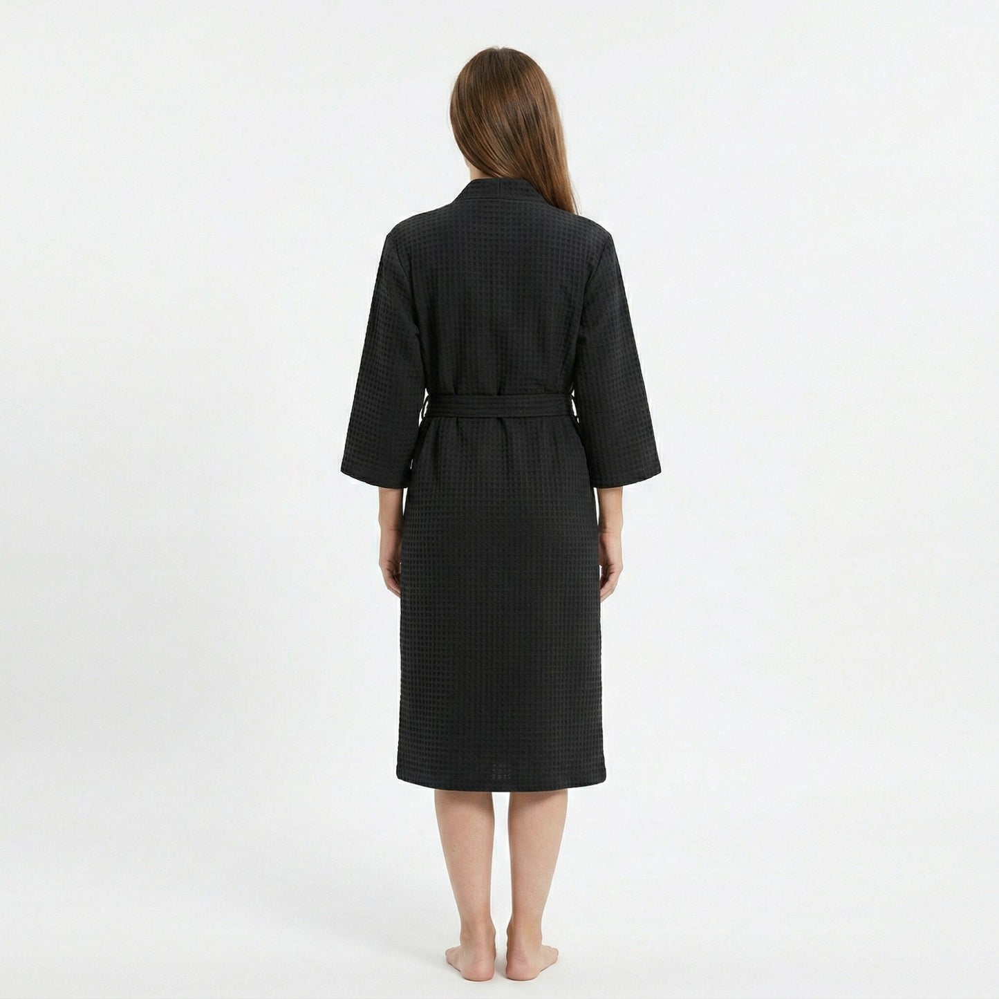 Textured Knit Wrap Bathrobe with Three Quarter Sleeves Adjustable Waist Tie