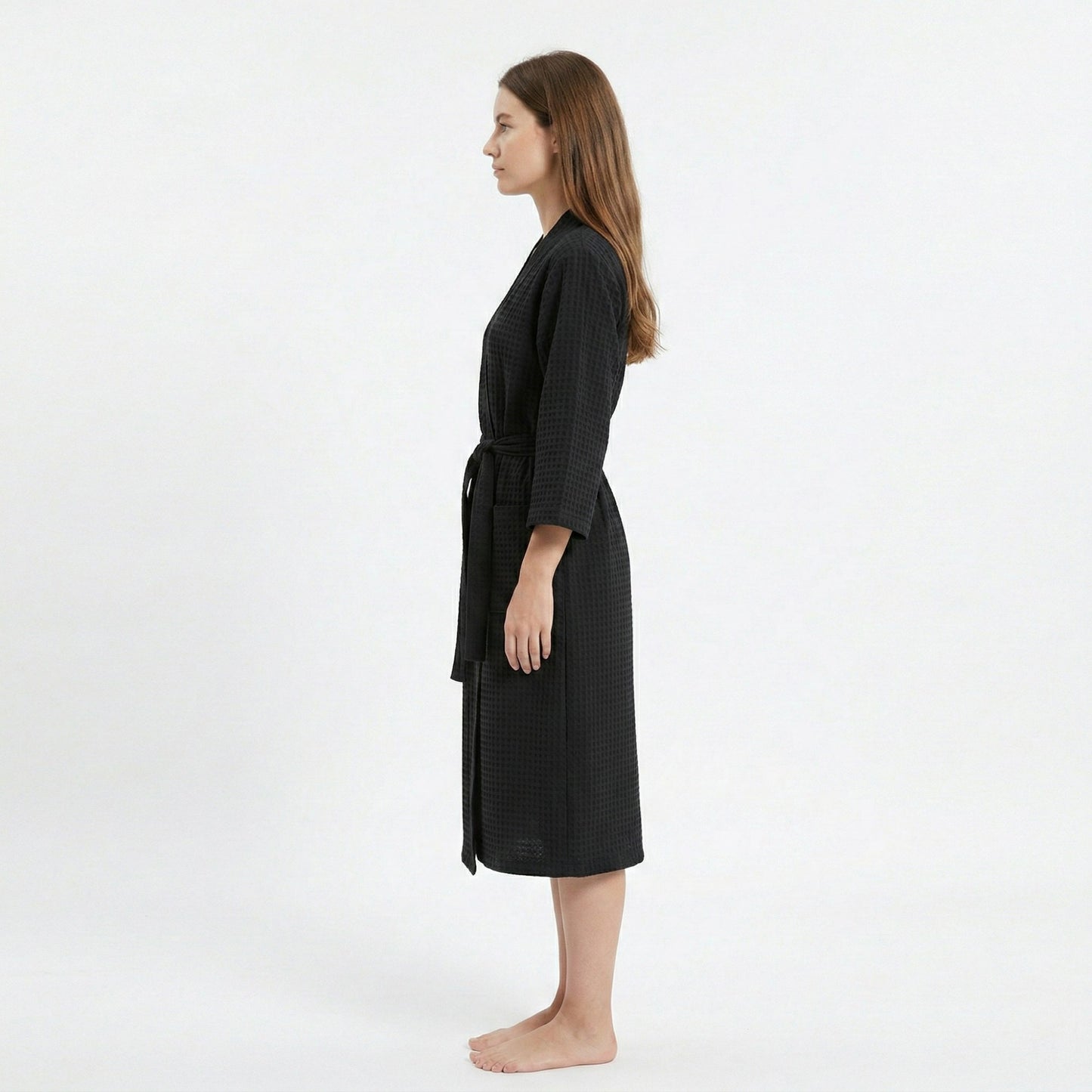 Textured Knit Wrap Bathrobe with Three Quarter Sleeves Adjustable Waist Tie
