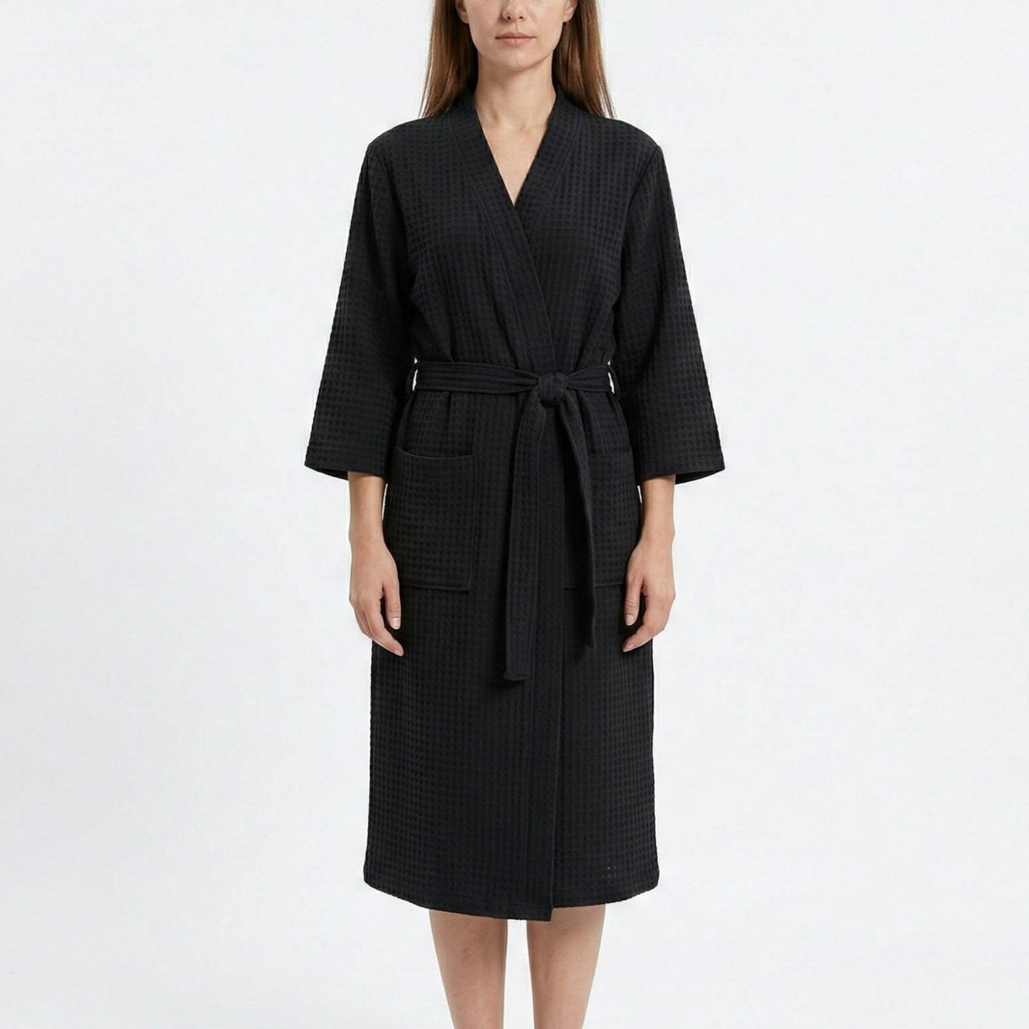 Textured Knit Wrap Bathrobe with Three Quarter Sleeves Adjustable Waist Tie