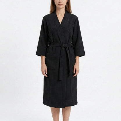 Textured Knit Wrap Bathrobe with Three Quarter Sleeves Adjustable Waist Tie