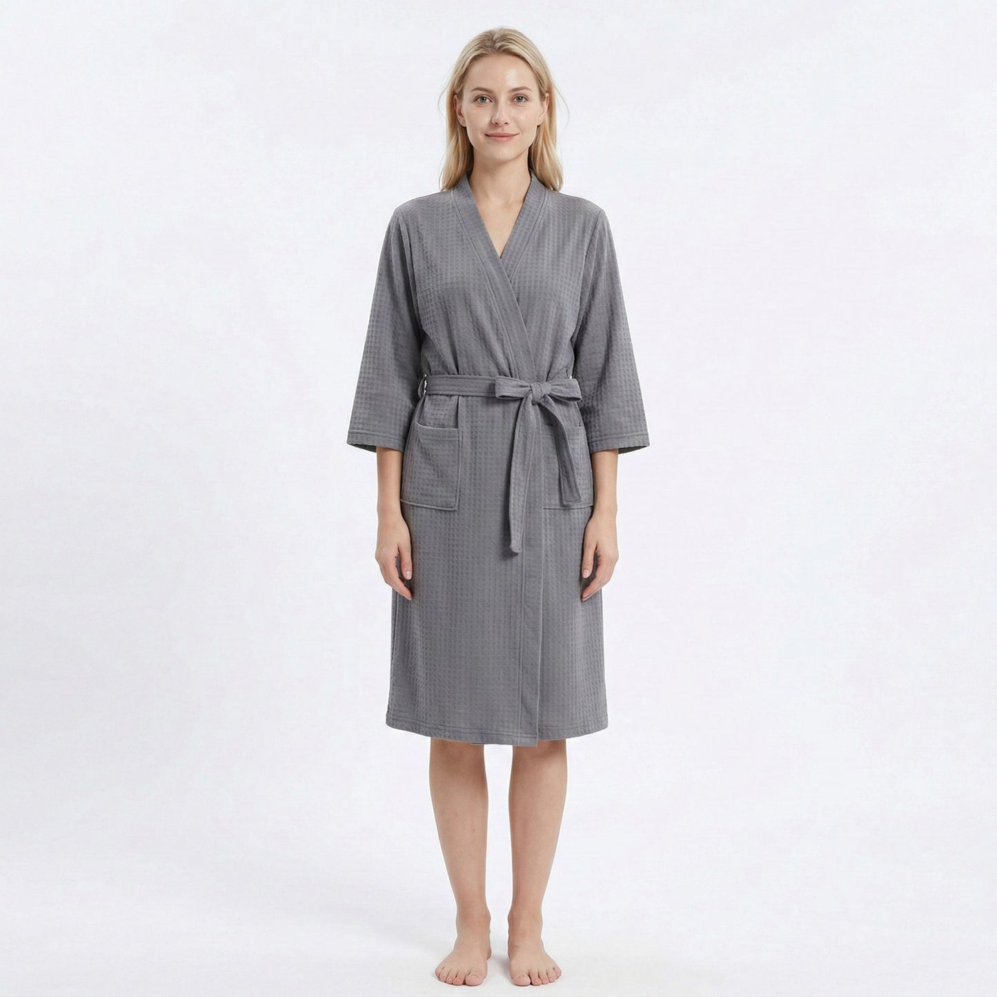 Textured Knit Wrap Bathrobe with Three Quarter Sleeves Adjustable Waist Tie