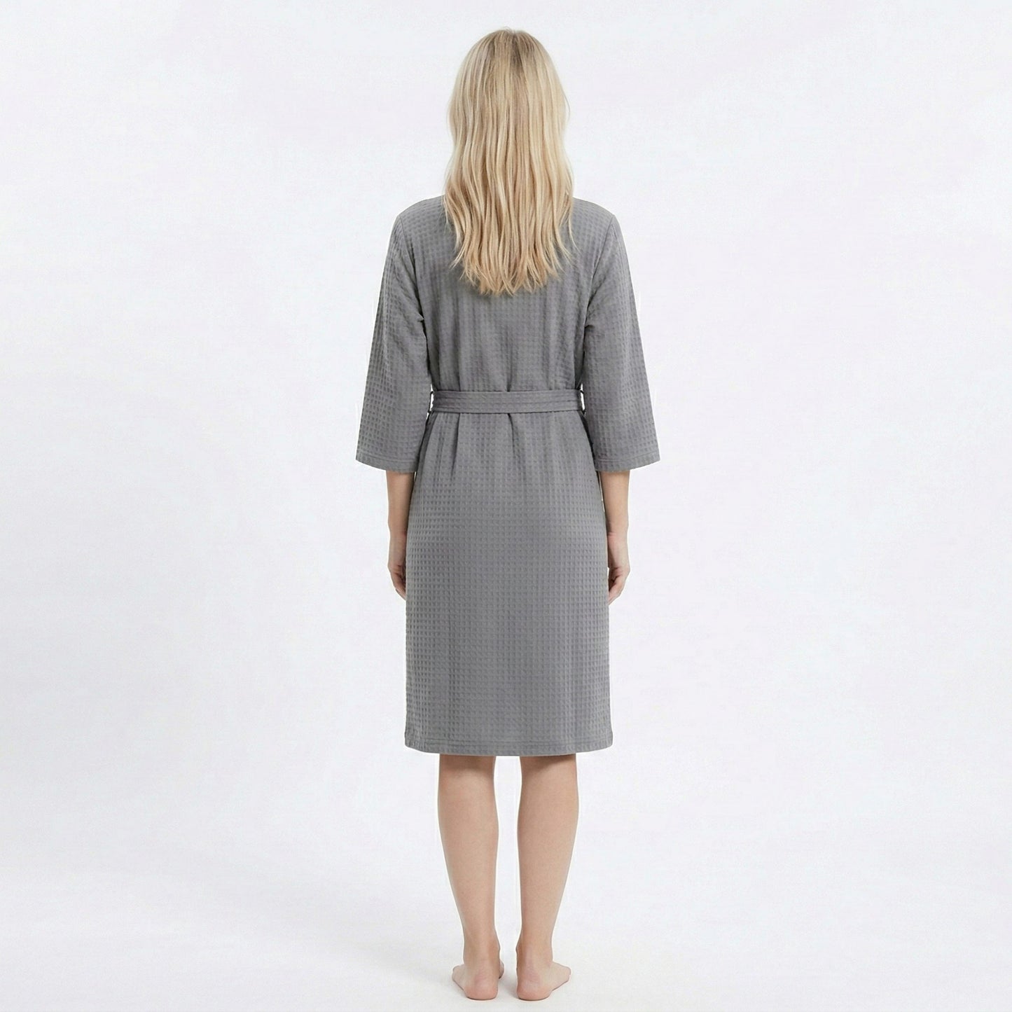 Textured Knit Wrap Bathrobe with Three Quarter Sleeves Adjustable Waist Tie