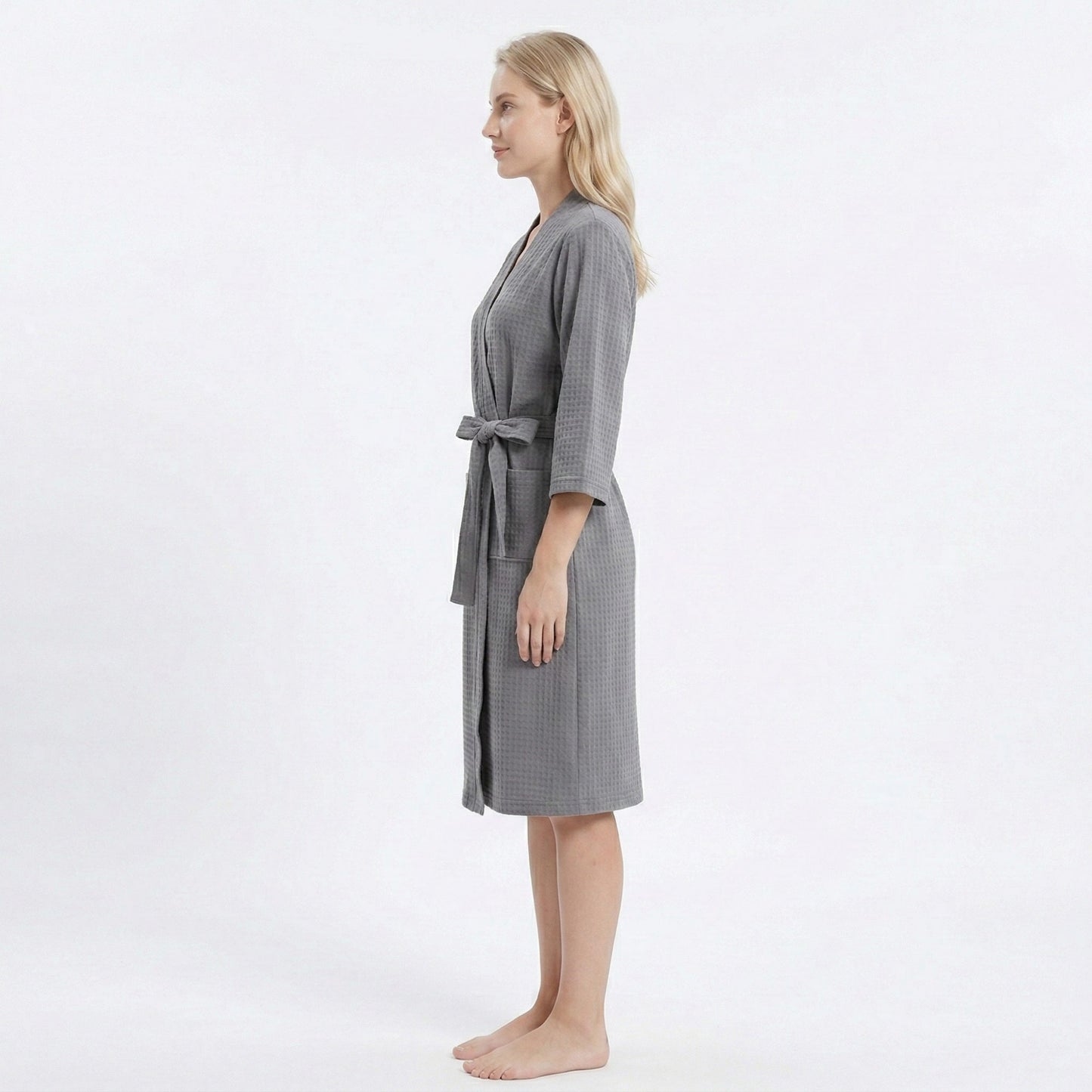 Textured Knit Wrap Bathrobe with Three Quarter Sleeves Adjustable Waist Tie