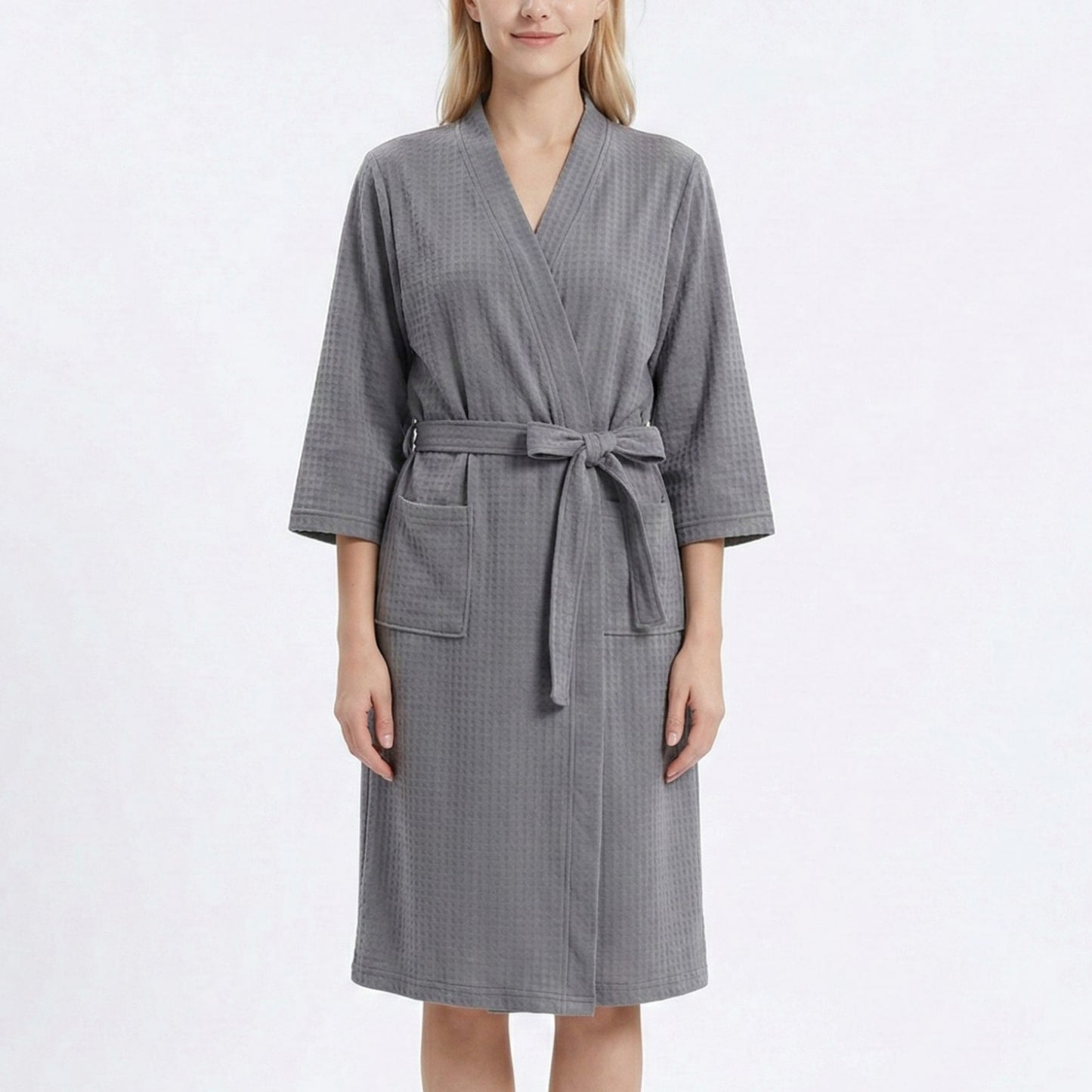 Textured Knit Wrap Bathrobe with Three Quarter Sleeves Adjustable Waist Tie