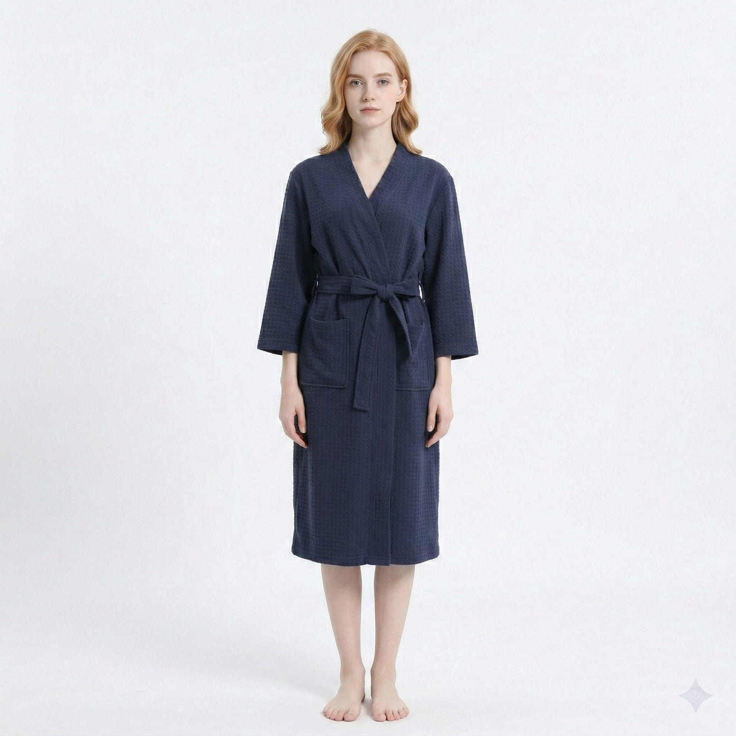 Textured Knit Wrap Bathrobe with Three Quarter Sleeves Adjustable Waist Tie